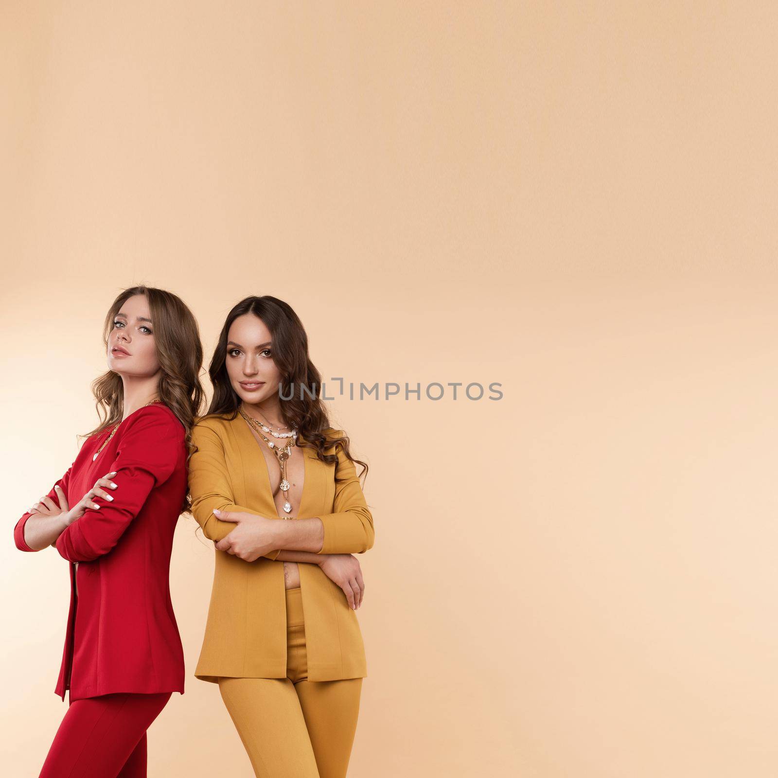 Front view of two serious women in smart suits standing together and posing in studio. Sexy models with folded arms looking at camera at front of isolated background. Concept of style.