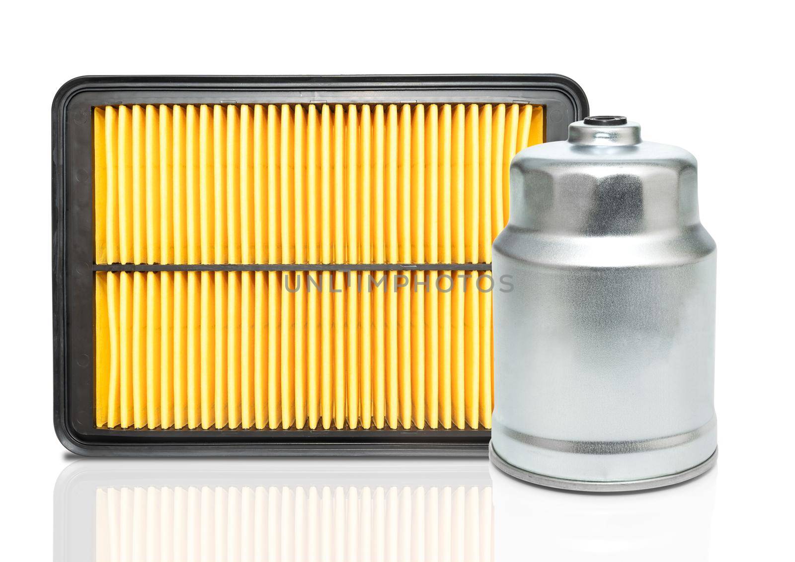 Close up new square car air filter and oil filter engine car on  white background