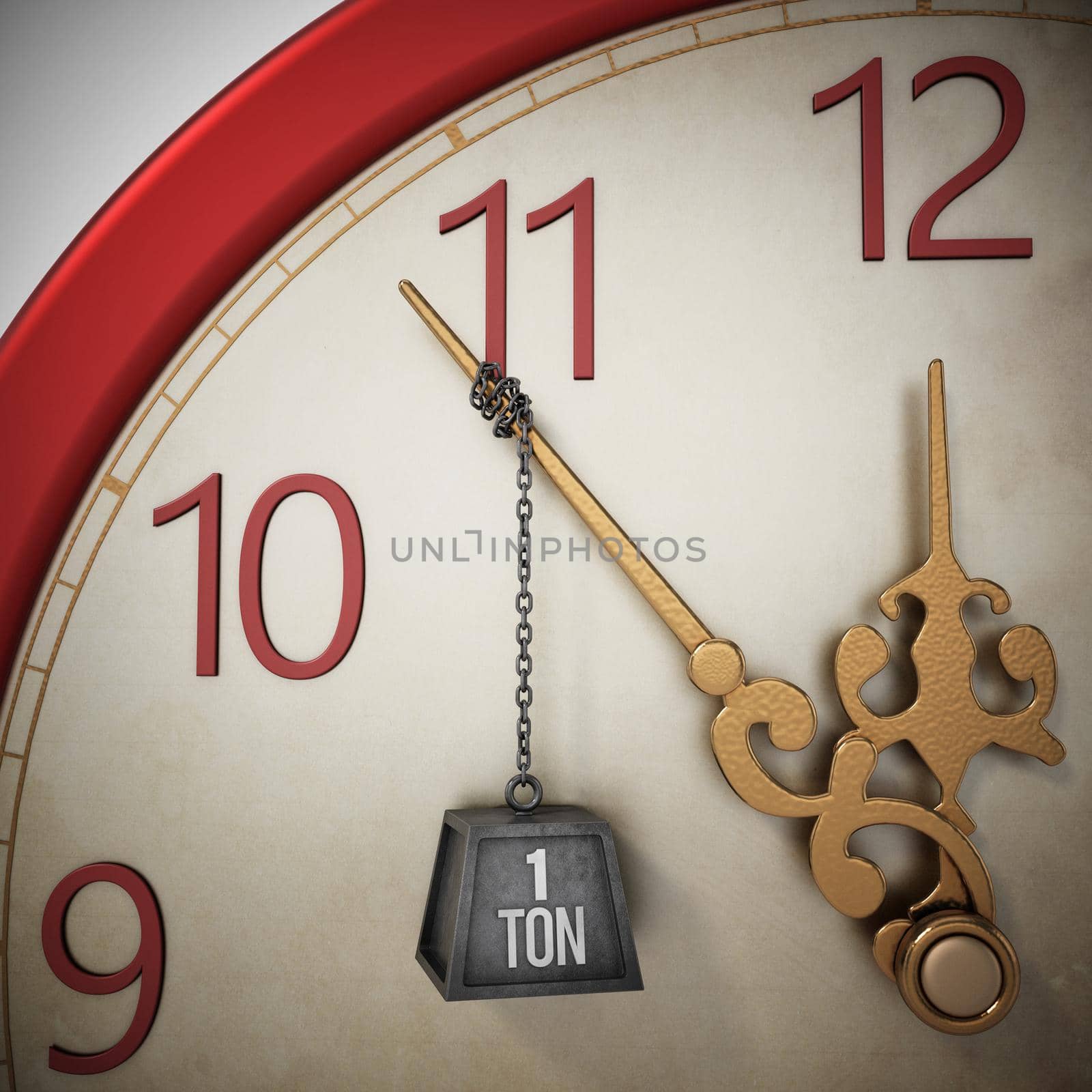 One ton weight chained at the clock hand stopping the time. 3D illustration by Simsek