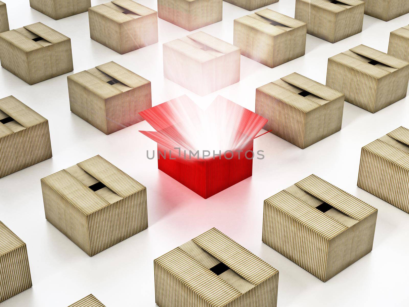 Red cardboard box with glowing light ray standing out. 3D illustration by Simsek