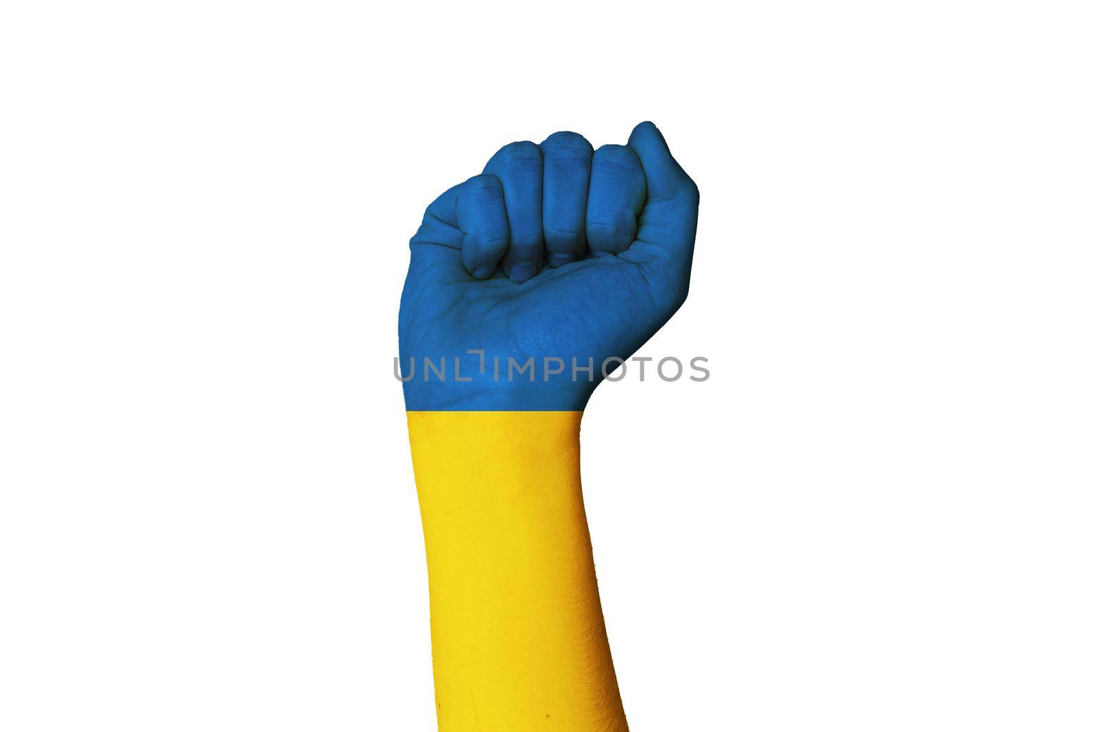 Raised Ukrainian fist flag on white background. Stop war. Putin invasion