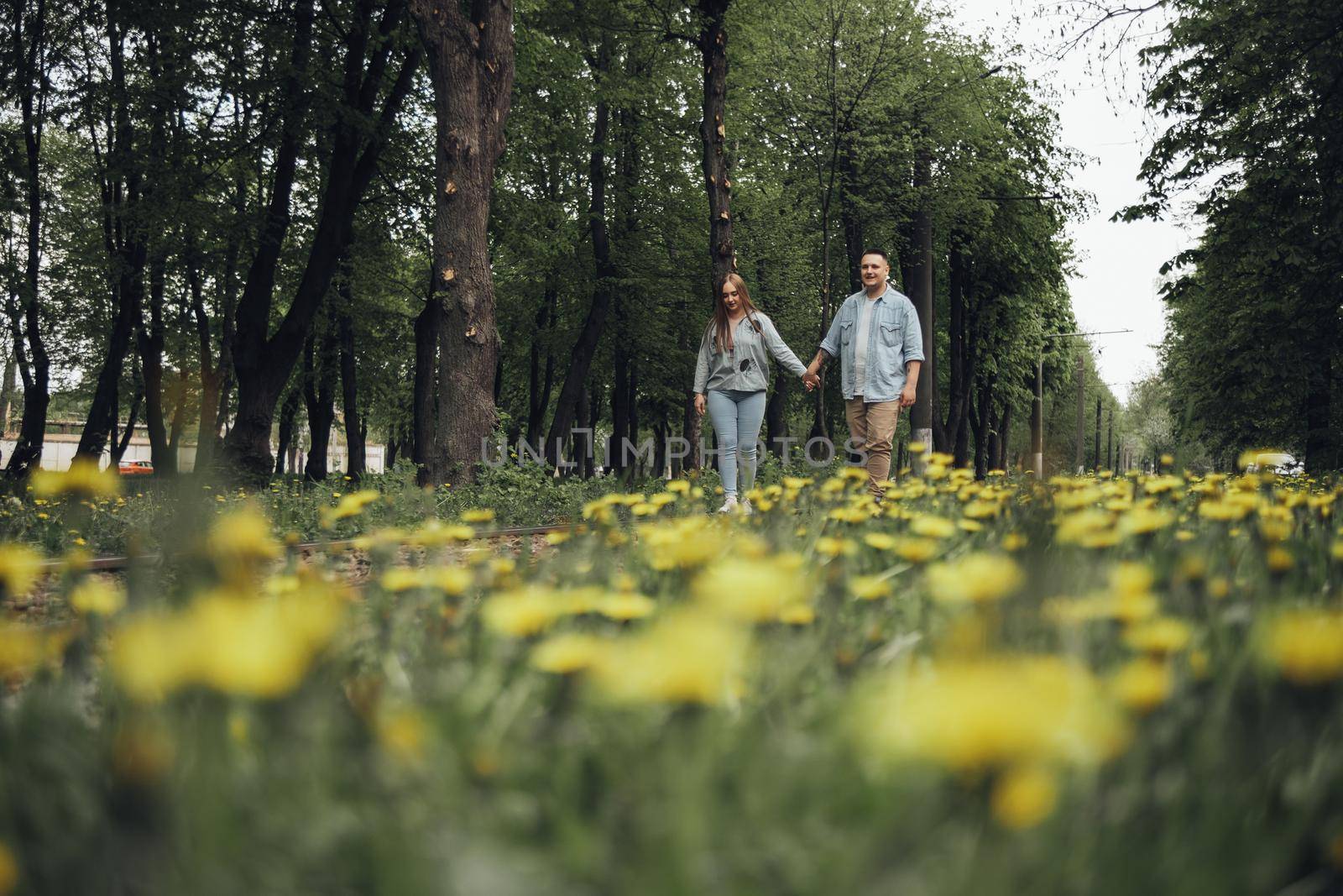 a couple in love walks in the park. on the front lan dandelions by Symonenko