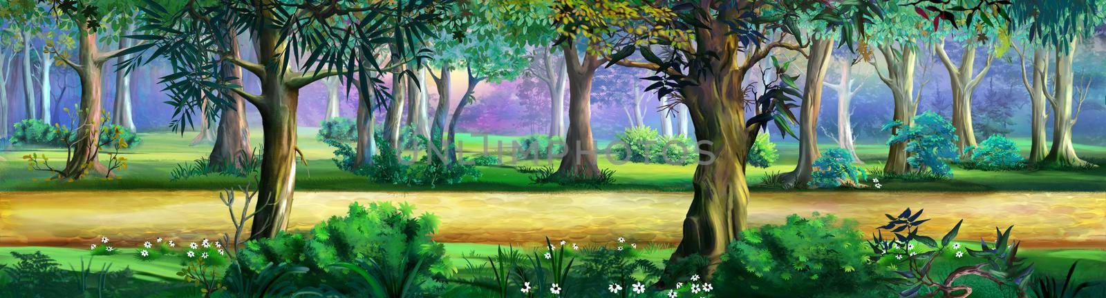 Pathway on a public park on a sunny summer day. Digital Painting Background, Illustration.