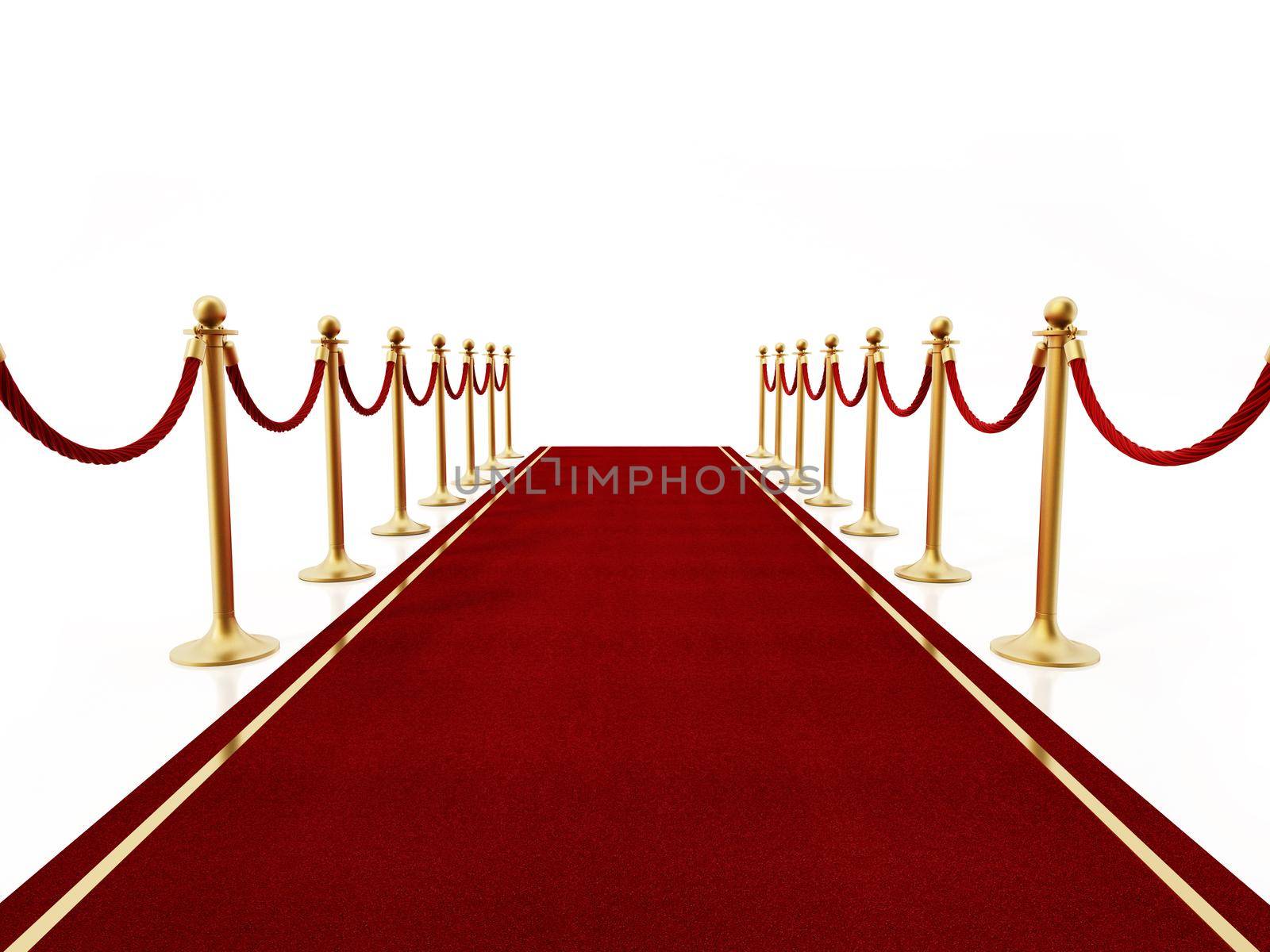 Red carpet and velvet ropes isolated on white background. 3D illustration.