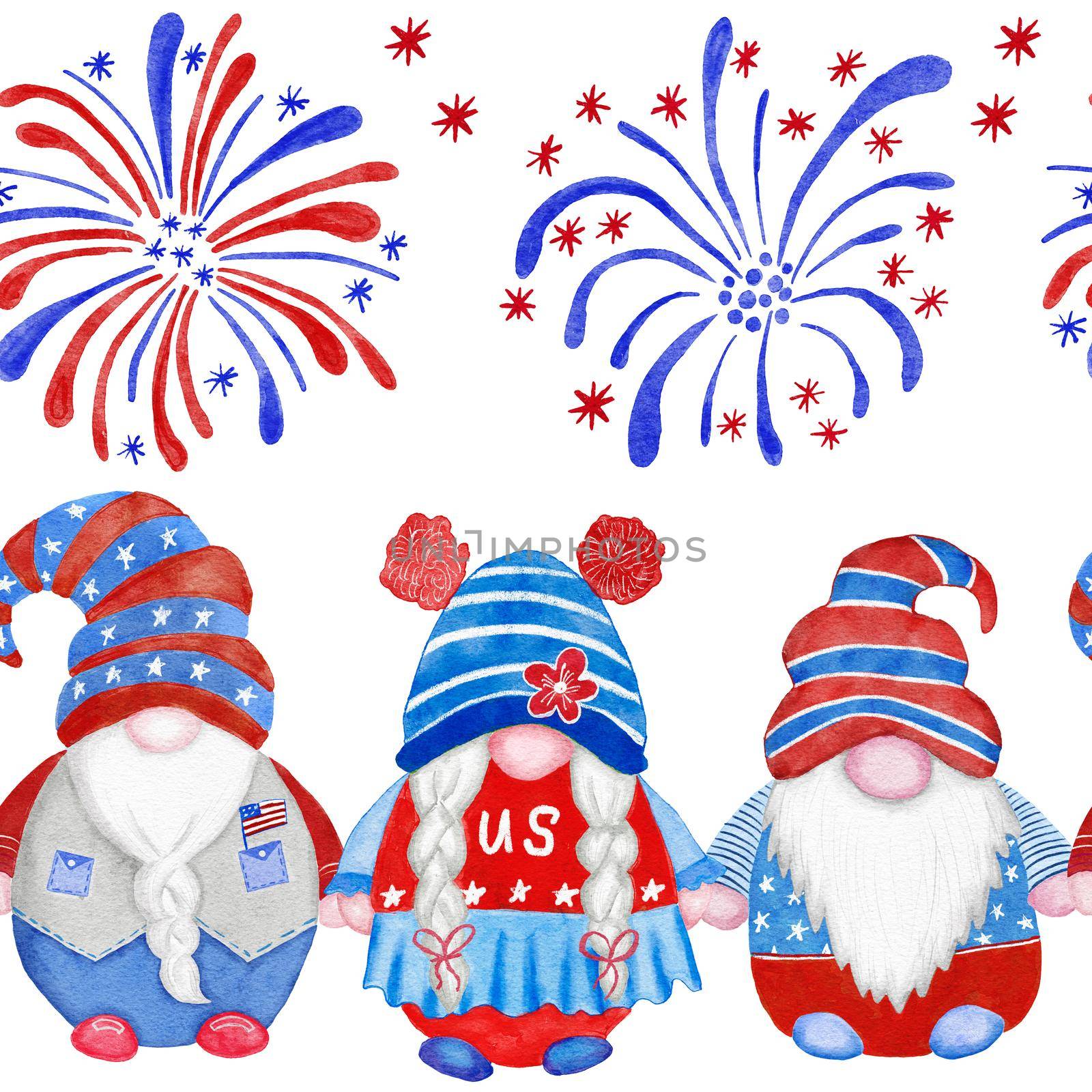 Watercolor hand drawn seamless border with 4th of july gnomes background, fourth of july Independence day patriotic print, red blue white balloons gifts, summer party decoration, stars and stripes. by Lagmar