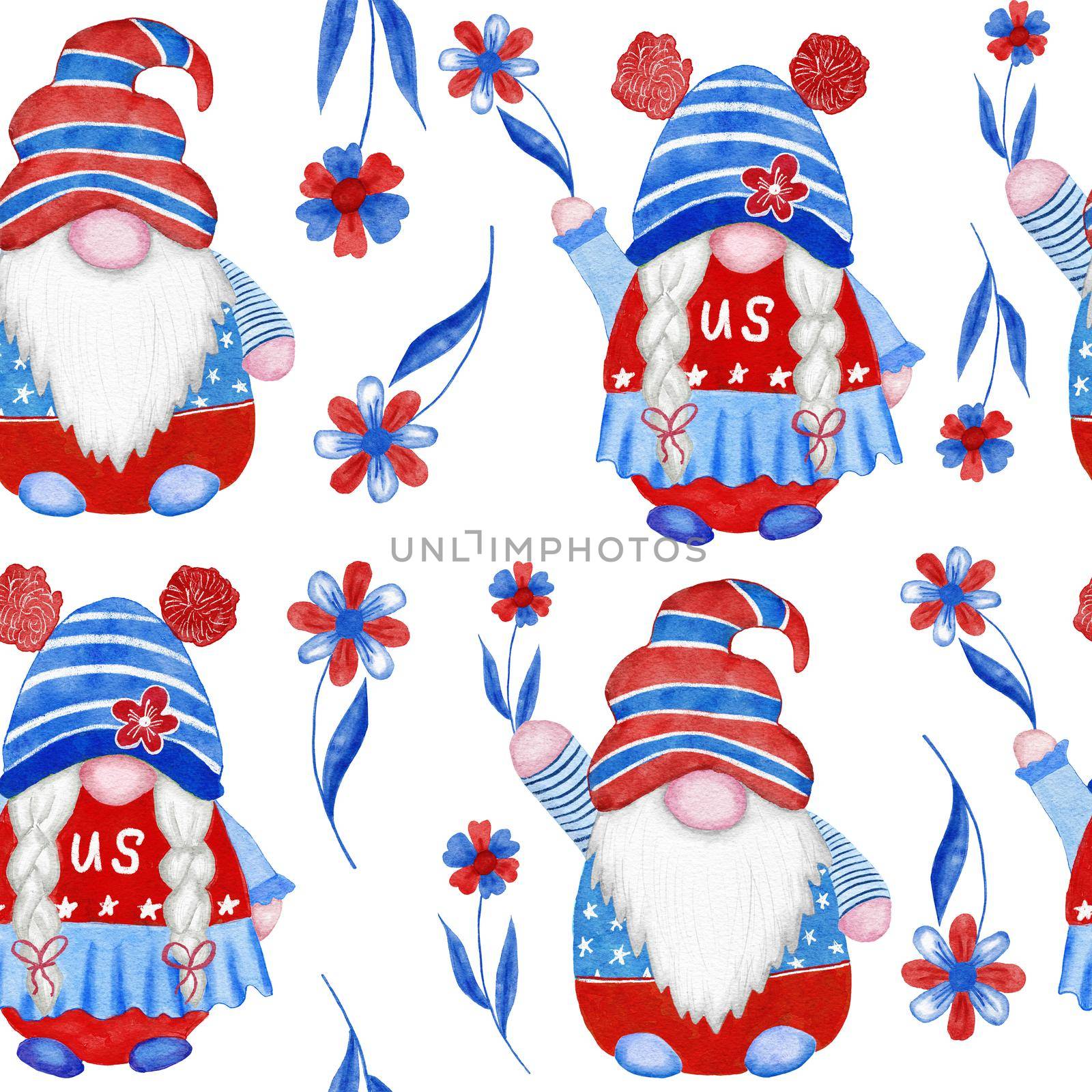 Watercolor hand drawn seamless border with 4th of july gnomes background, fourth of july Independence day patriotic print, red blue white balloons gifts, summer party decoration, stars and stripes. by Lagmar