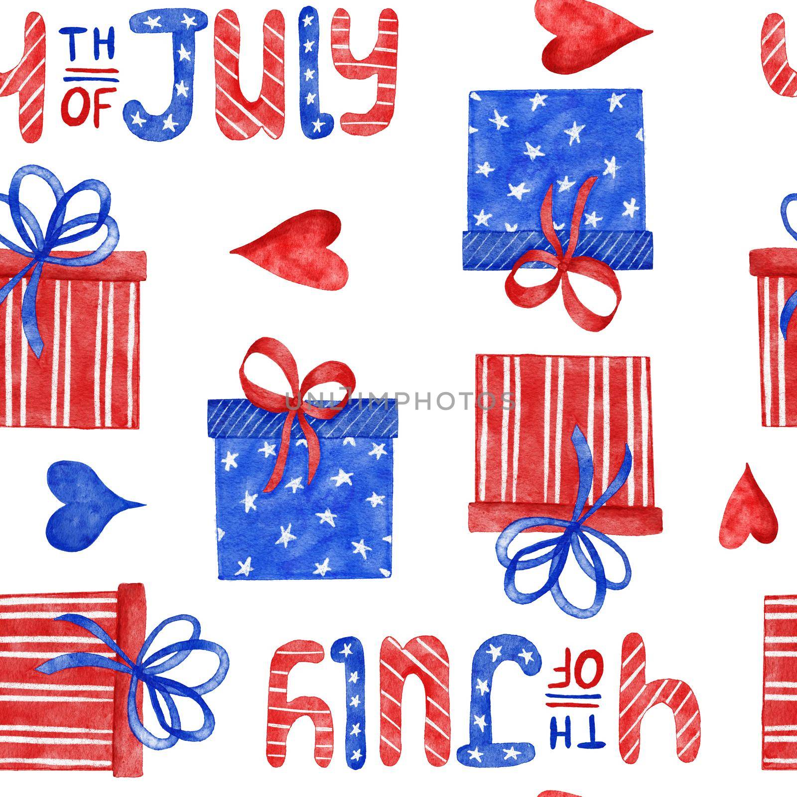 Watercolor hand drawn seamless patriotic american pattern with 4th of july balloons hearts hat flowers. Fourth of july Independence day US fabric print, blue red white background stars stripes. by Lagmar