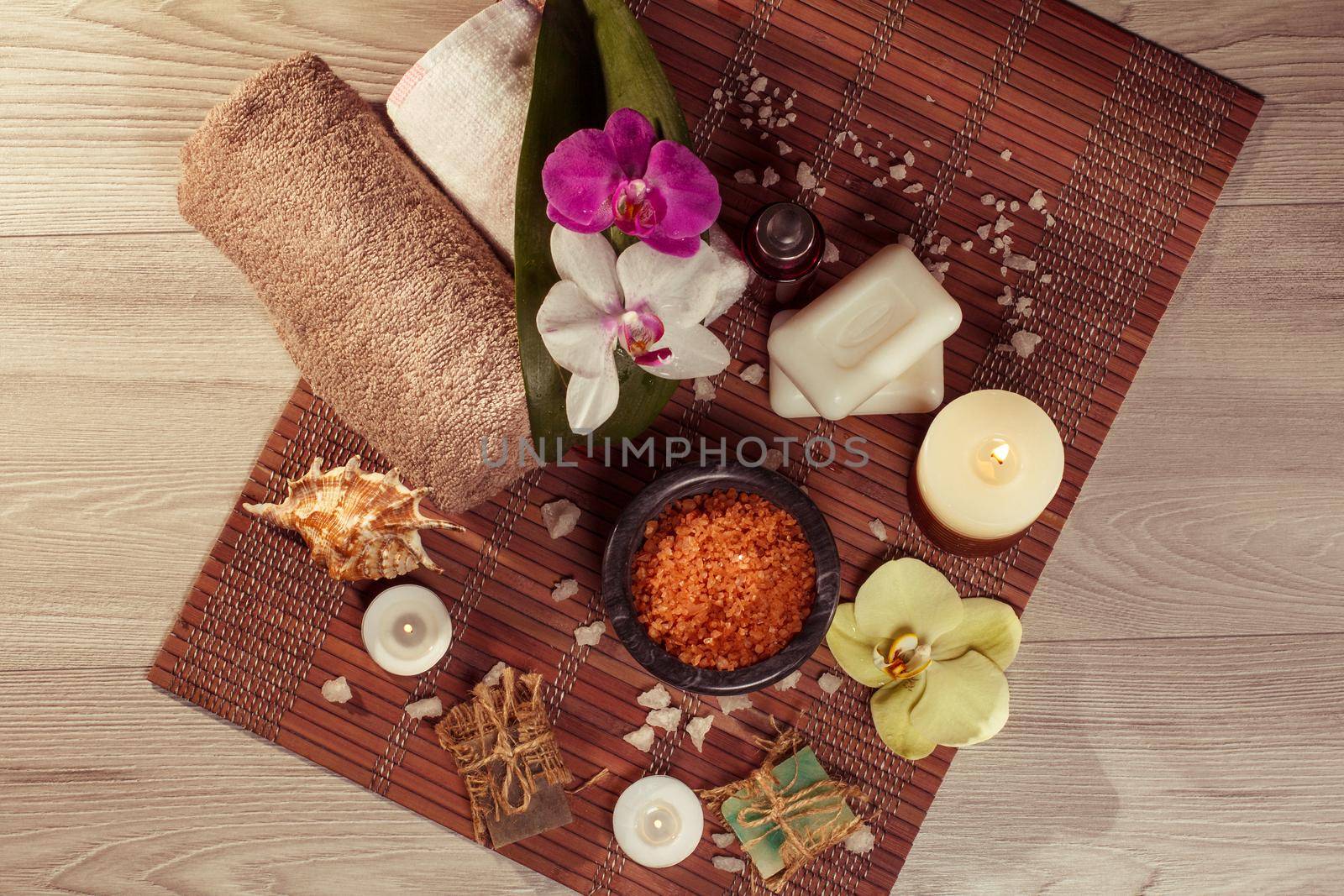 Spa accessories on wooden background View from above by mvg6894