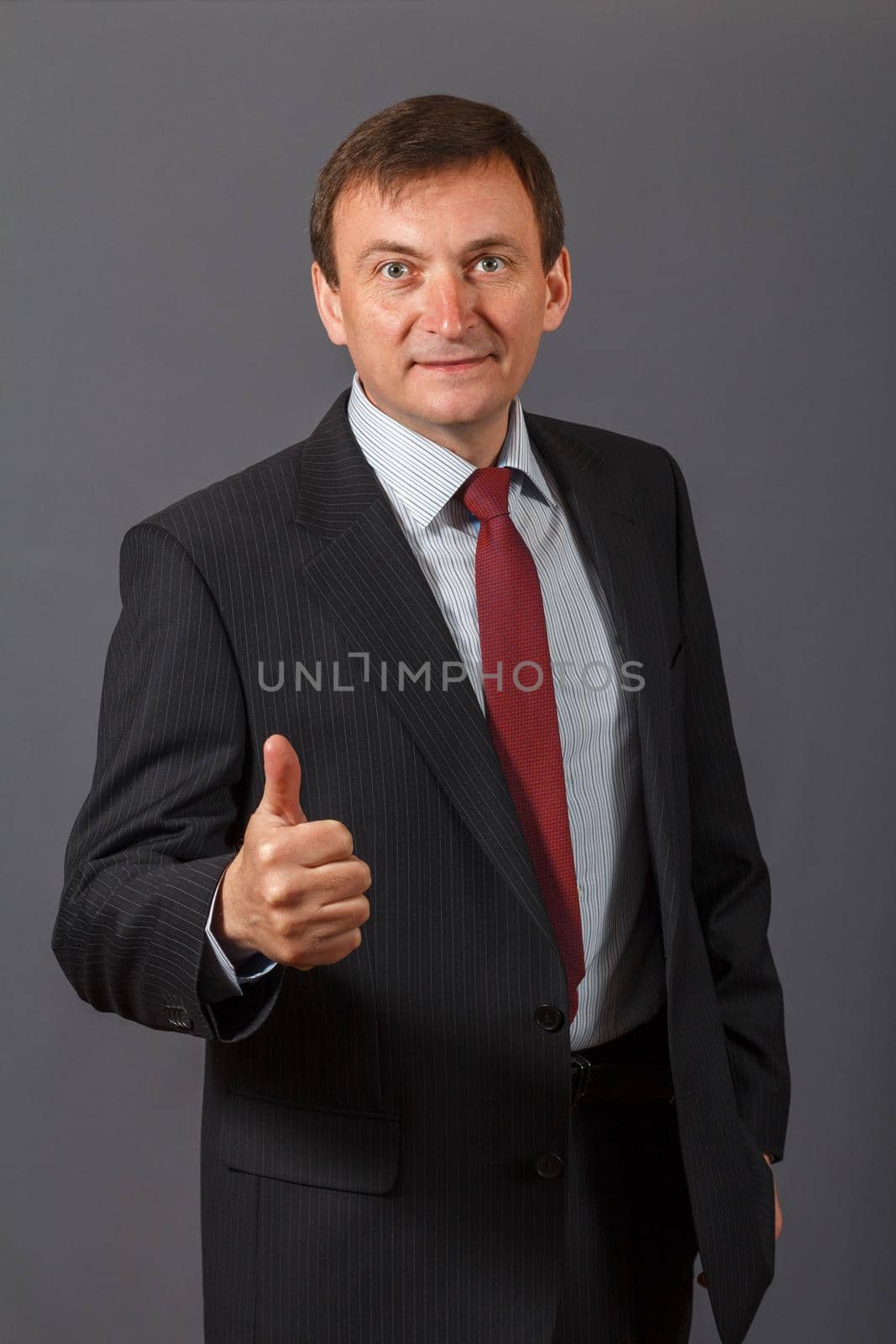 Confident elegant handsome mature businessman standing in front of a gray background in a studio wearing a nice suit