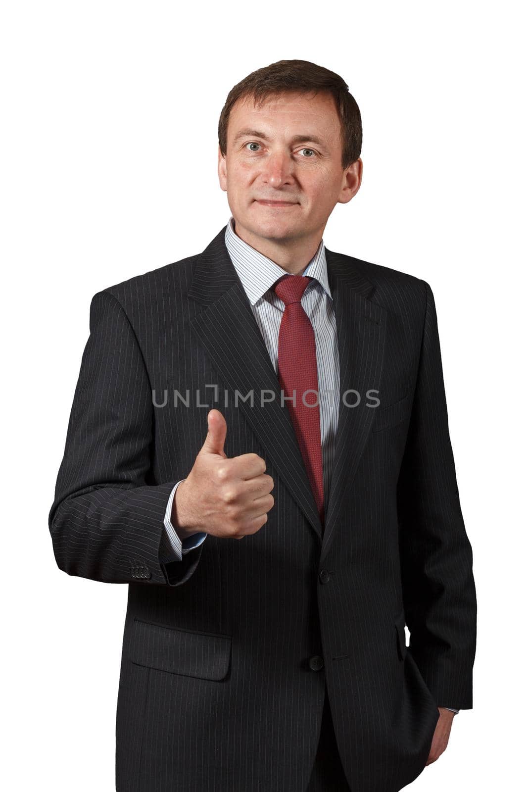 Confident and friendly elegant handsome mature businessman approves decision and shows thumb up on white isolated background Approving gesture