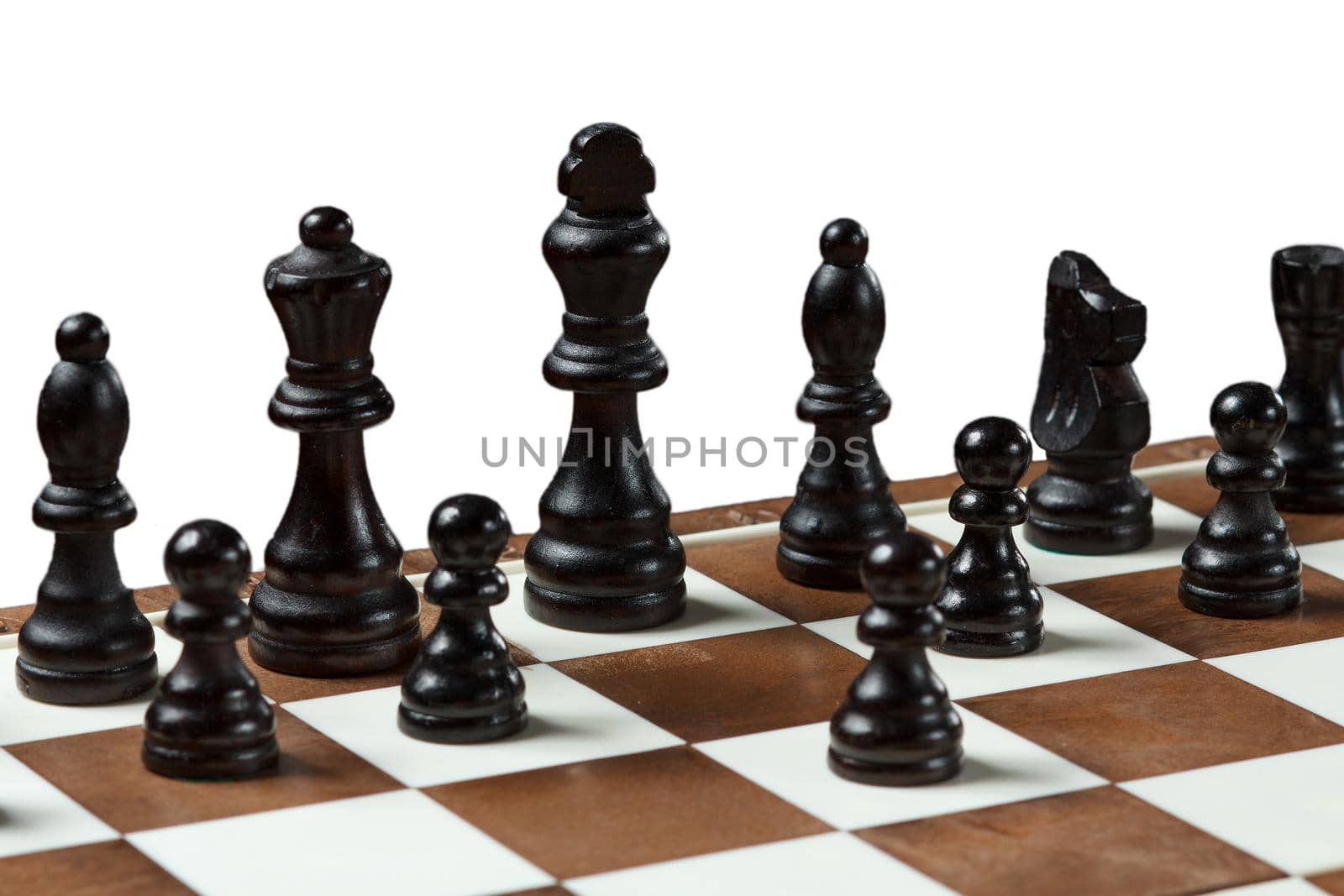Chess board with pieces isolated on white background