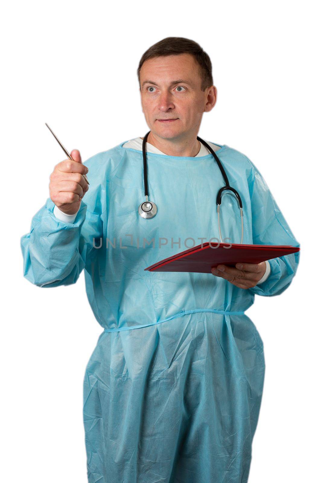Medical doctor dressed in a medical gown with stethoscope holding a notebook and pointing with pen. White isolated background