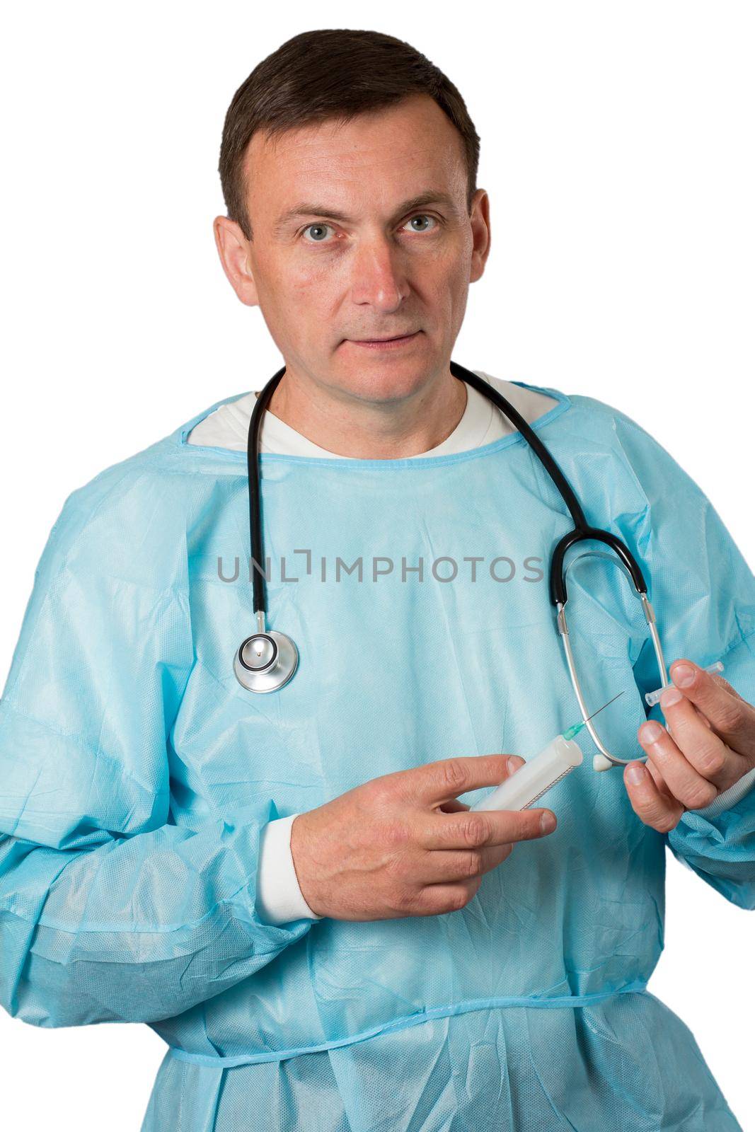 Medical doctor dressed in a medical gown with stethoscope holding a syringe. White isolated background