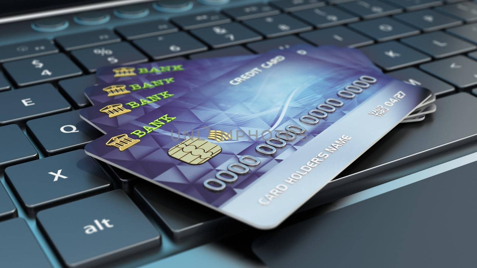 Generic credit card standing on laptop computer. 3D illustration by Simsek