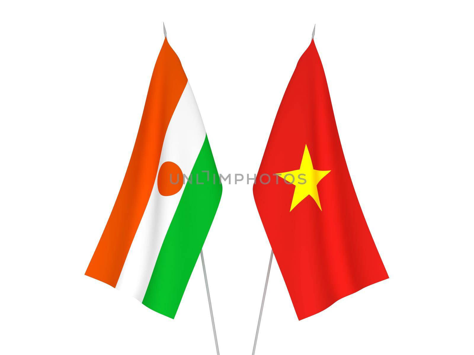 National fabric flags of Vietnam and Republic of the Niger isolated on white background. 3d rendering illustration.