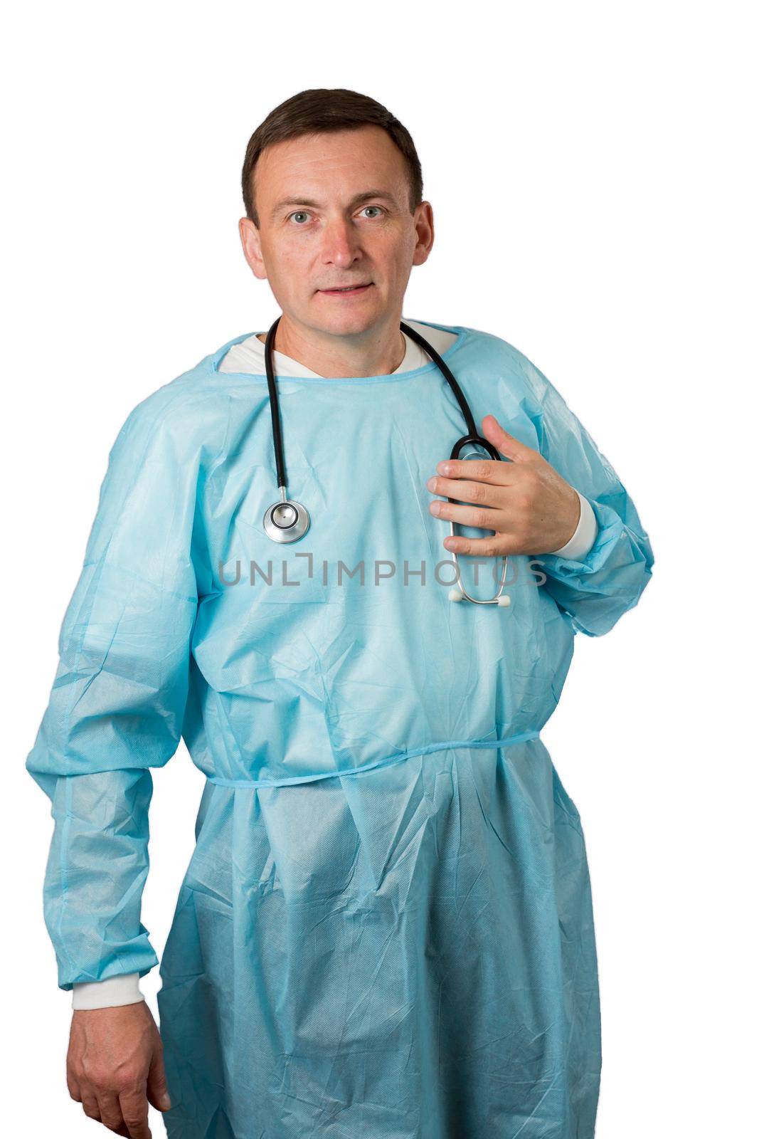 Medical doctor dressed in a medical gown with stethoscope. White isolated background