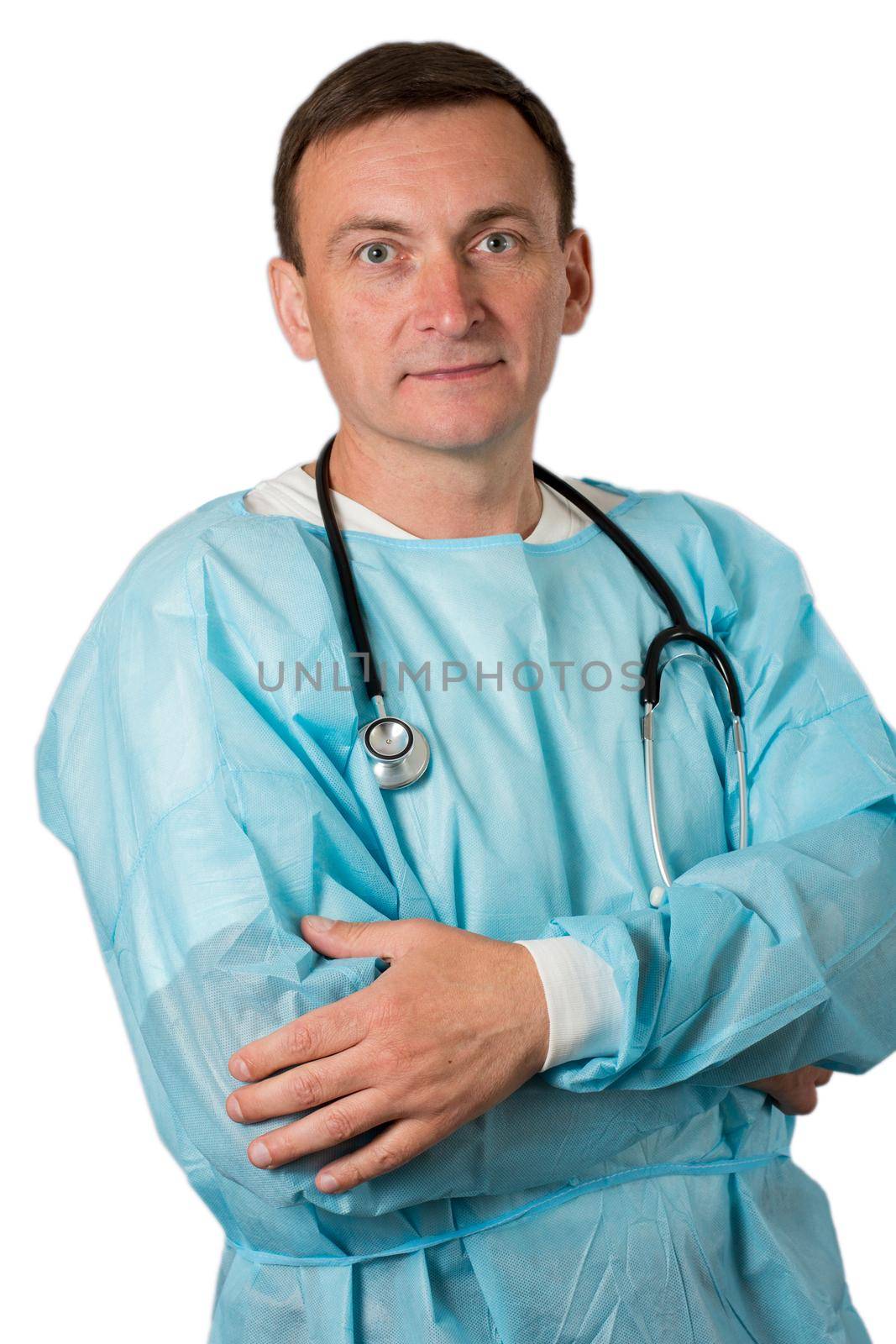 Medical doctor dressed in a medical gown with stethoscope standing with arms folded. White isolated background