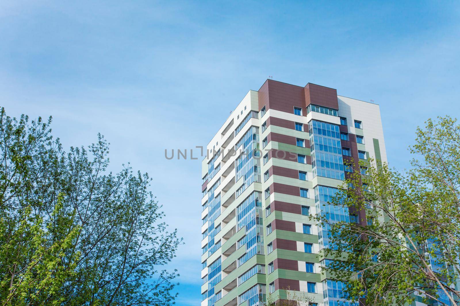 Real estate photo with green trees and blue sky