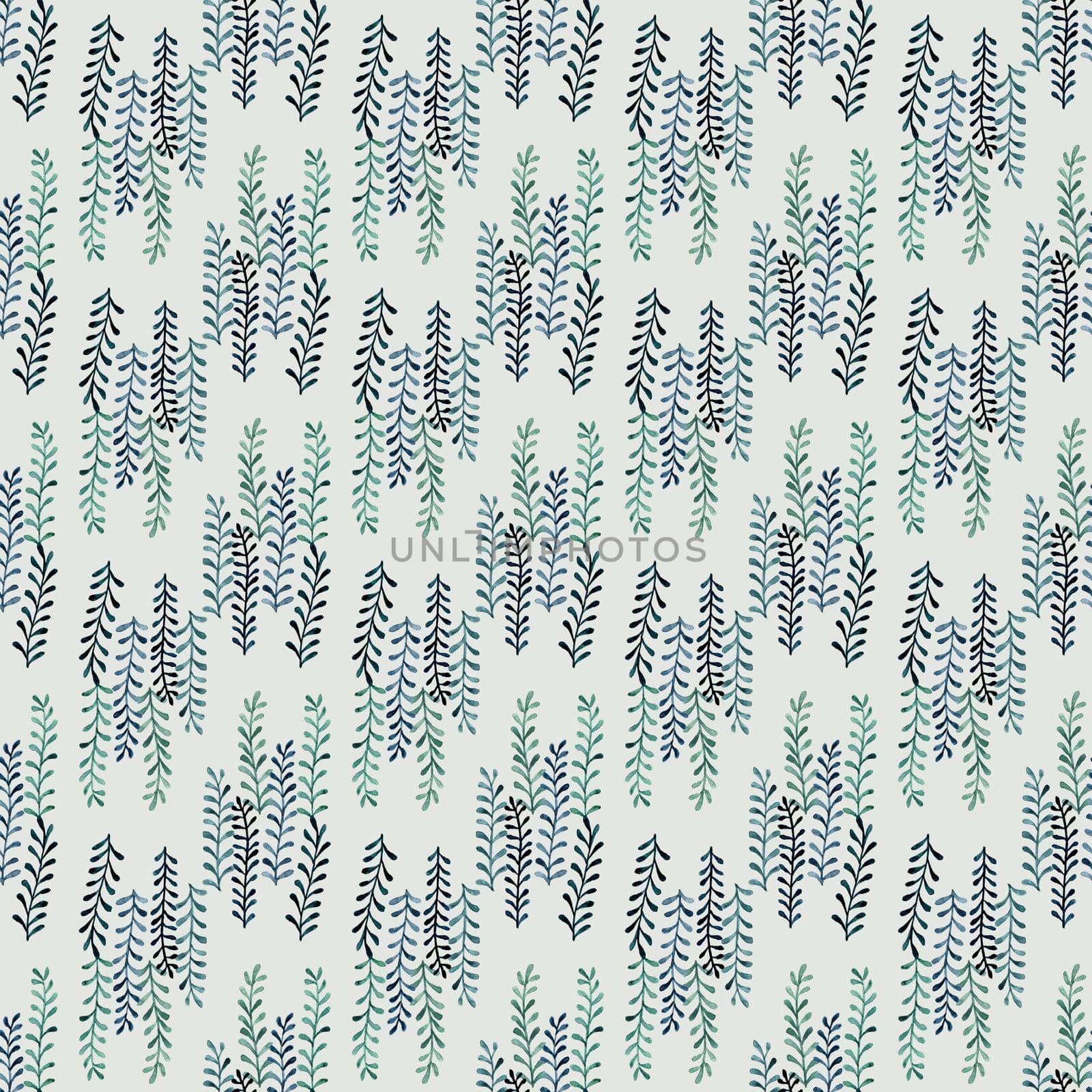 Watercolor seamless pattern with green hand painted leaves and herbs. Textile, wallpaper surface pattern design. High quality photo