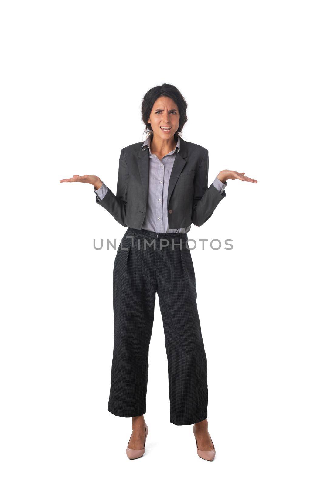 Puzzled woman wearing black business suit holding hands in air in confusion with the face expression I do not know, so what isolated on a white background.