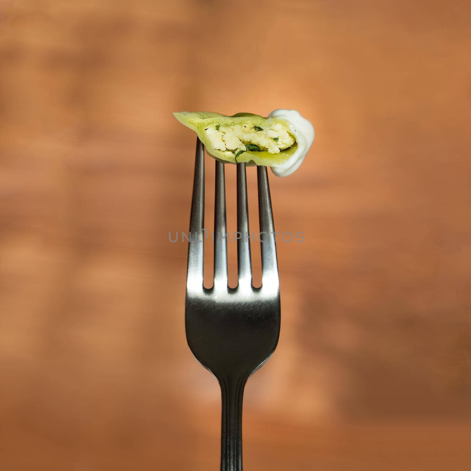 The cut of vegetarian dumpling on a metal fork. Vareniki with cottage cheese, spinach and sour cream.