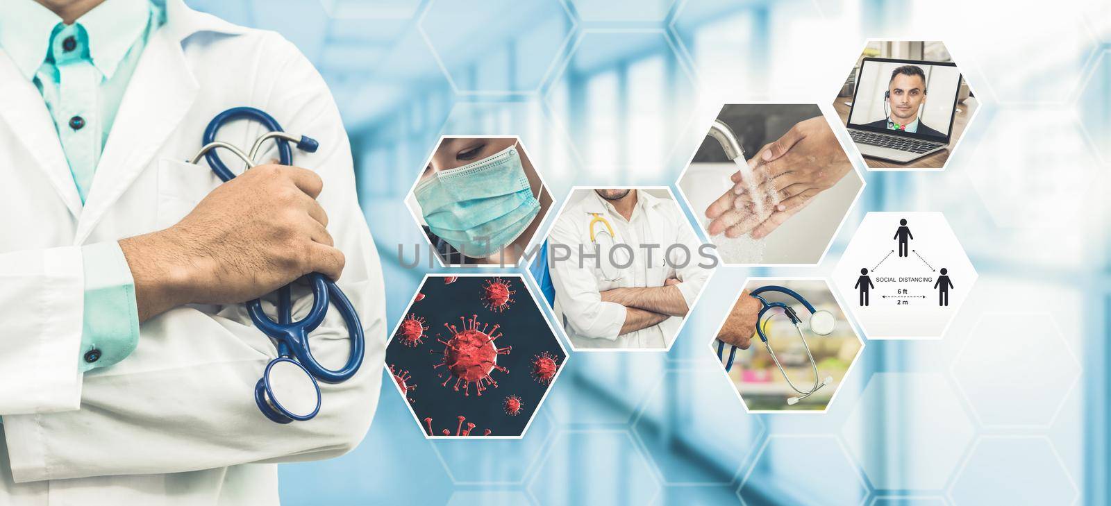 Coronavirus COVID-19 image set banner in concept of prevention information including safety precaution and doctor service to prevent spreading infection of covid-19 or 2019 Coronavirus Disease.