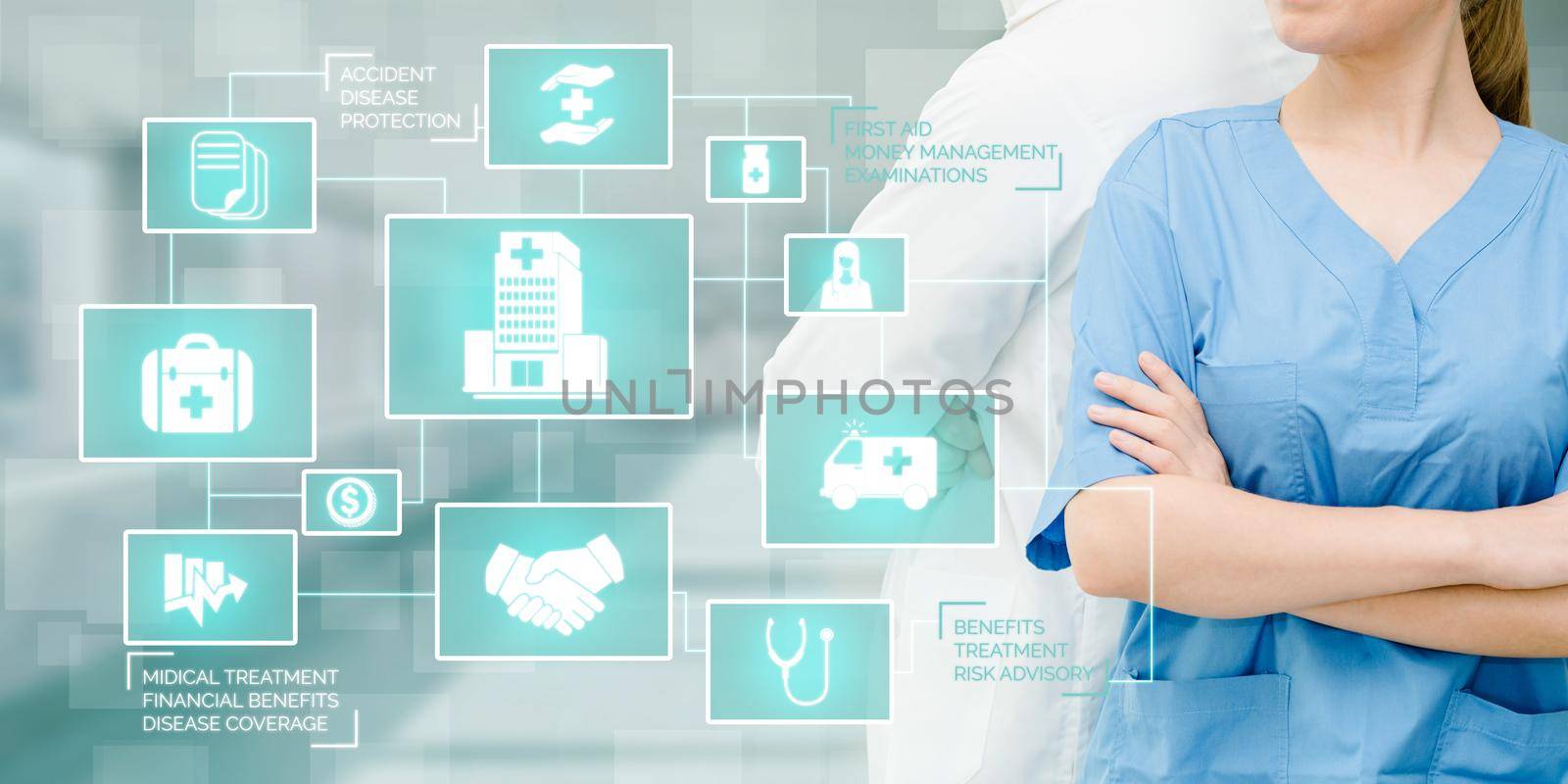 Doctor with Medical Healthcare Graphic in Hospital by biancoblue