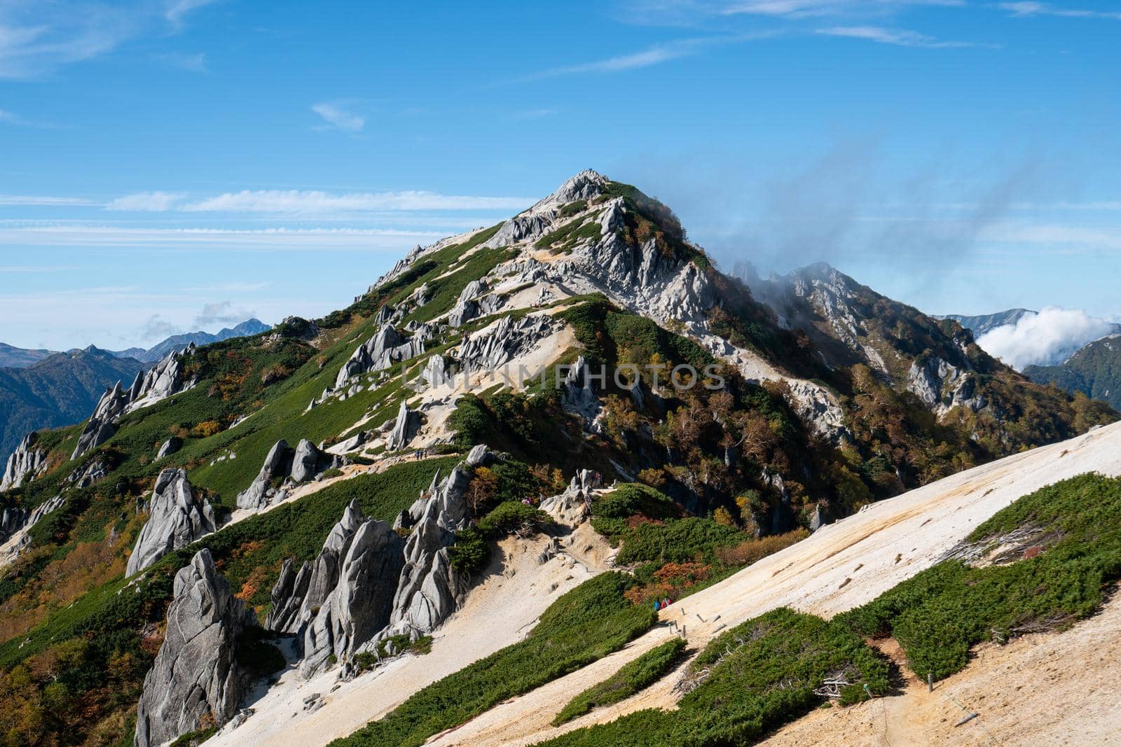 Panoramic mountain scenery landscape of Tsubakuro mountain in Northern Japan Alps in Nagano, Japan. Adventure and mountaineering activity concept.