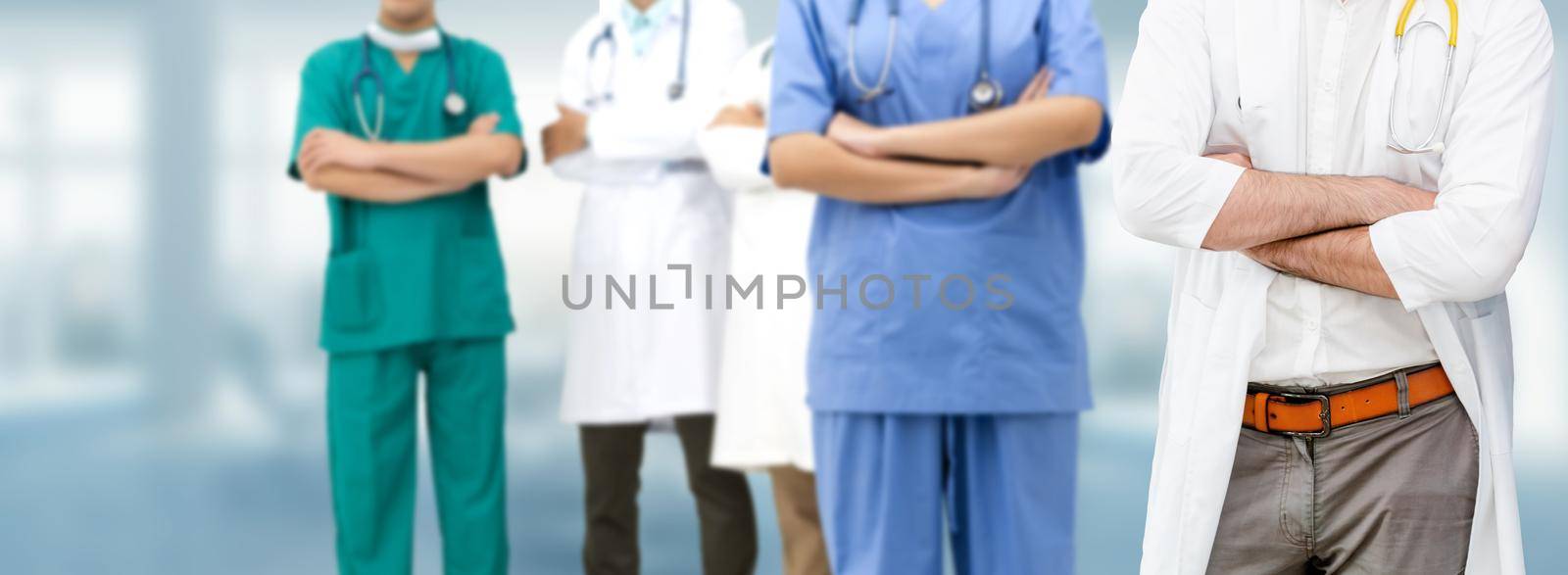 Healthcare people group. Professional doctor working in hospital office or clinic with other doctors, nurse and surgeon. Medical technology research institute and doctor staff service concept.