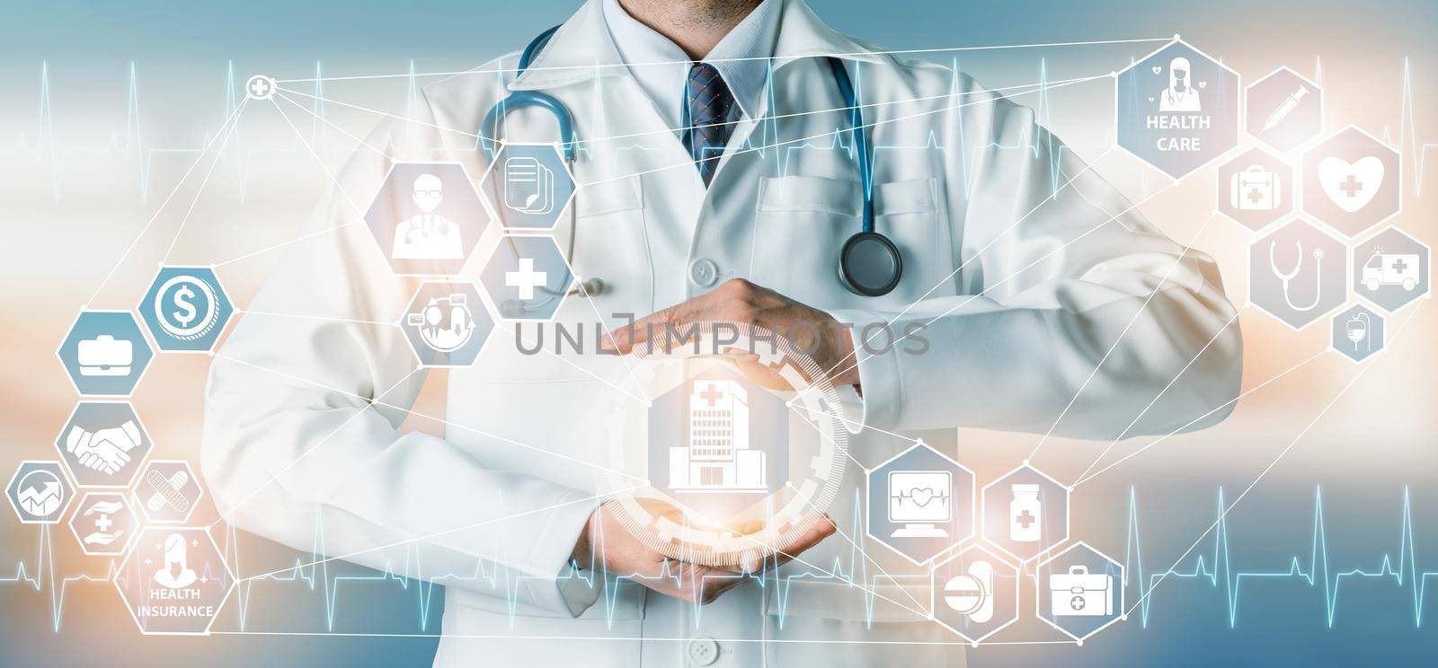 Medical Healthcare Concept - Doctor in hospital with digital medical icons graphic banner showing symbol of medicine, medical care people, emergency service network, doctor data of patient health.