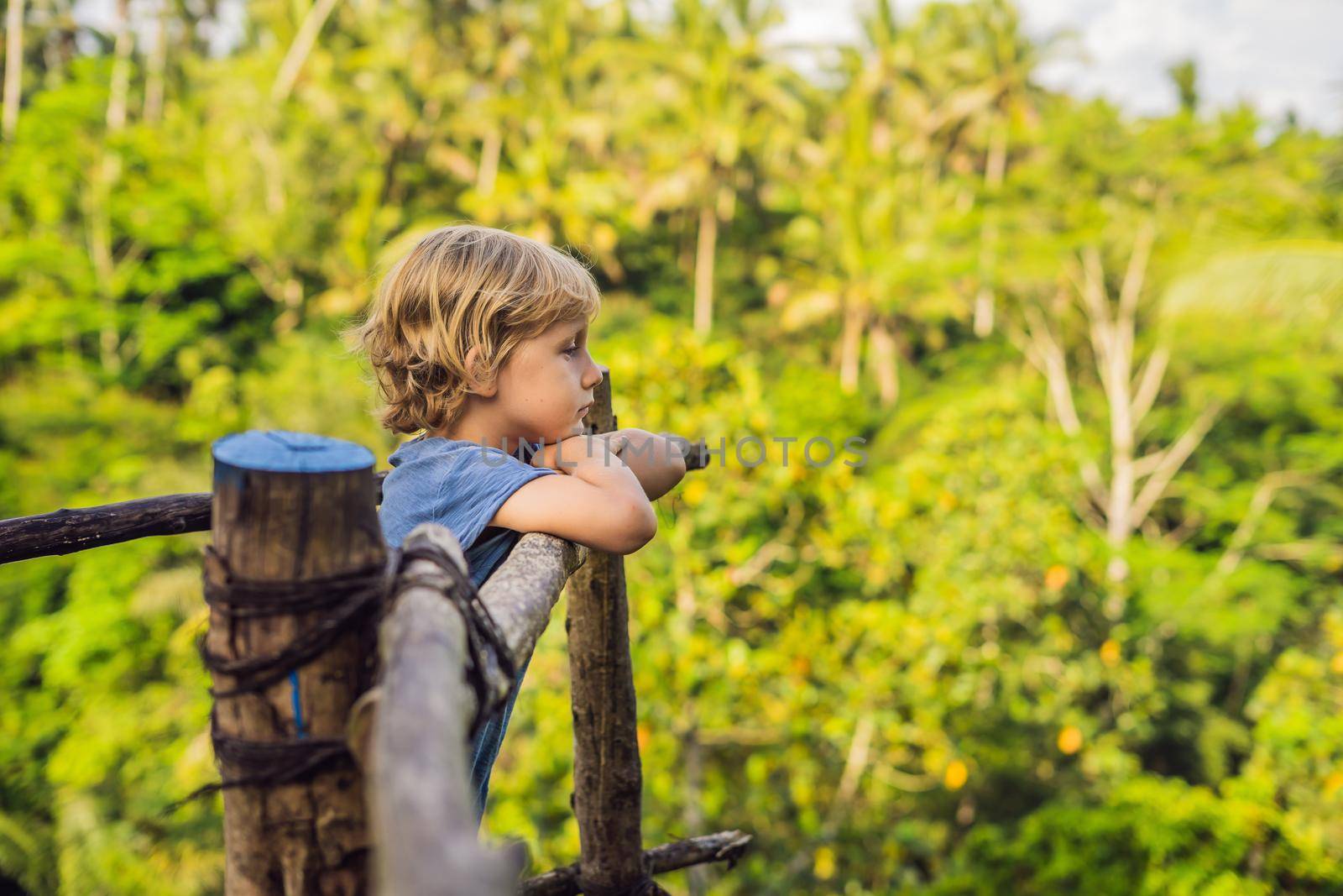 Boy traveler on view point in the background of a jungle, Bali, Indonesia.