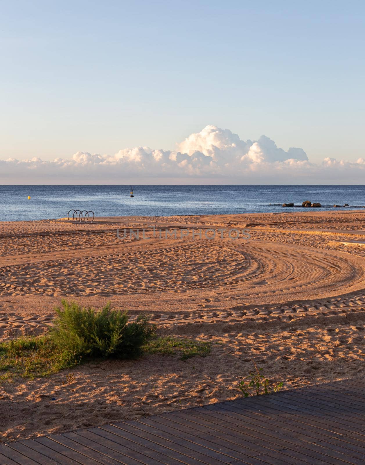 Calm morning at empty beach with a car tyre prints on sand. Green bush and bicycle stand. Sea and volumetric clouds at the background.