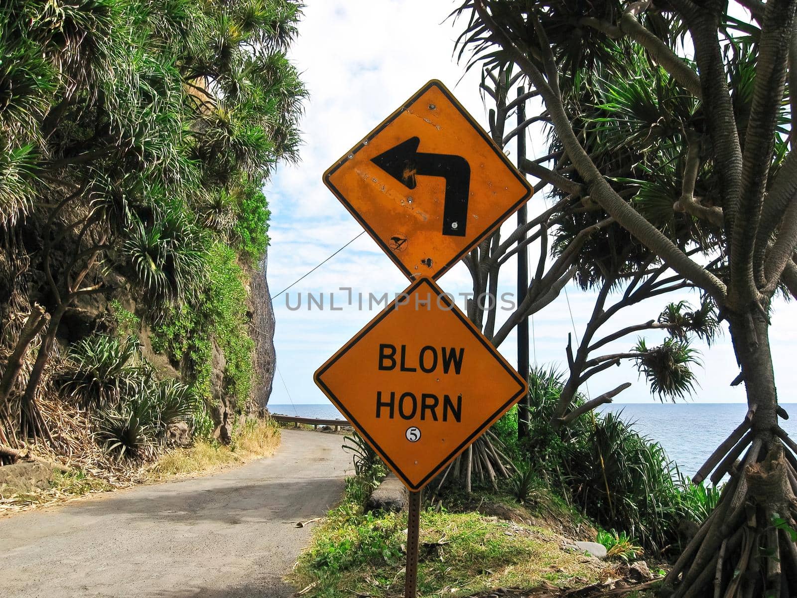 Warning Sign to Blow Horn Before Treacherous 90 Degree Turn on Narrow Road with Cliff Beside Ocean by markvandam