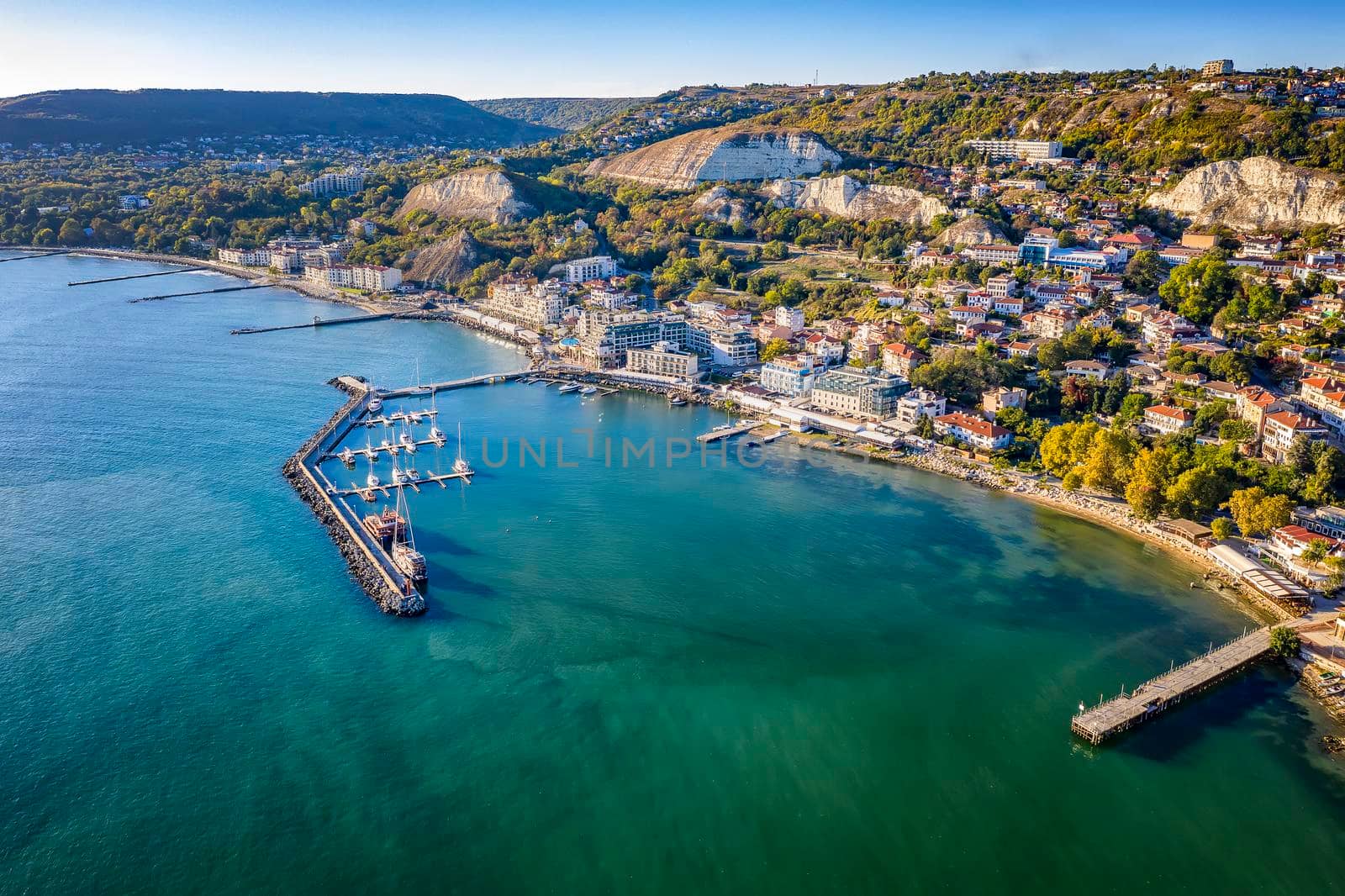 Scenic aerial view from drone of coast Balchik city in the Black sea, Bulgaria