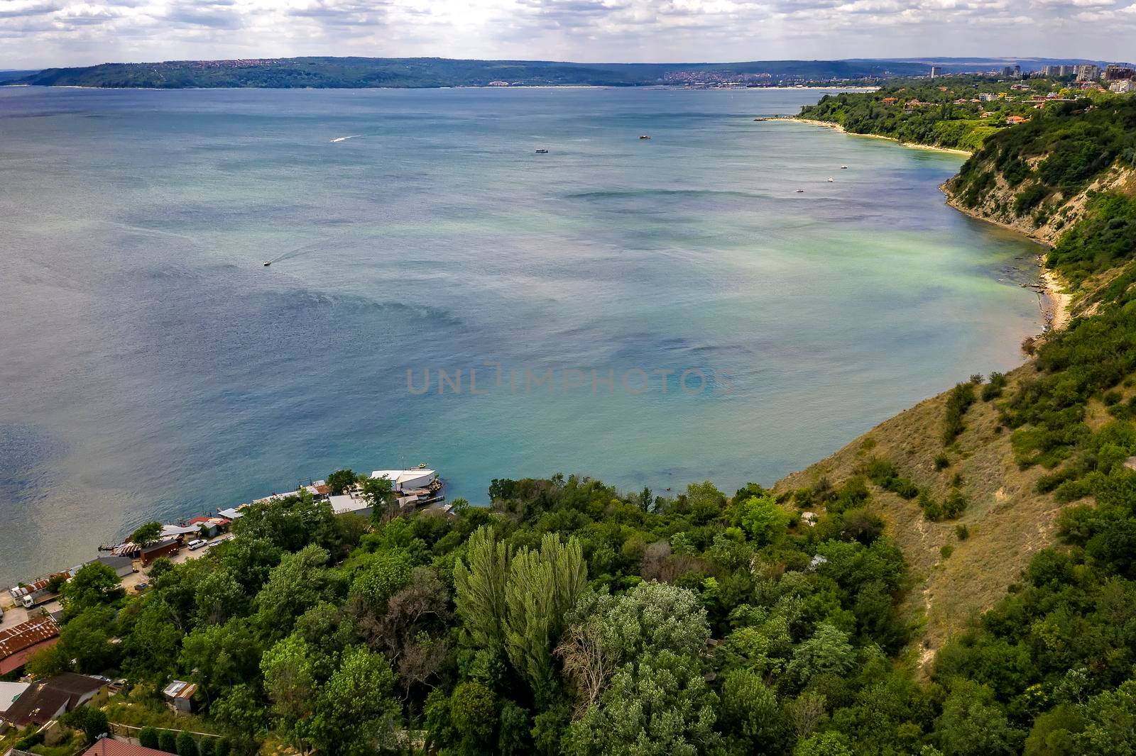 Beauty aerial view from drone of bay and coastline of Varna city, Bulgaria.
