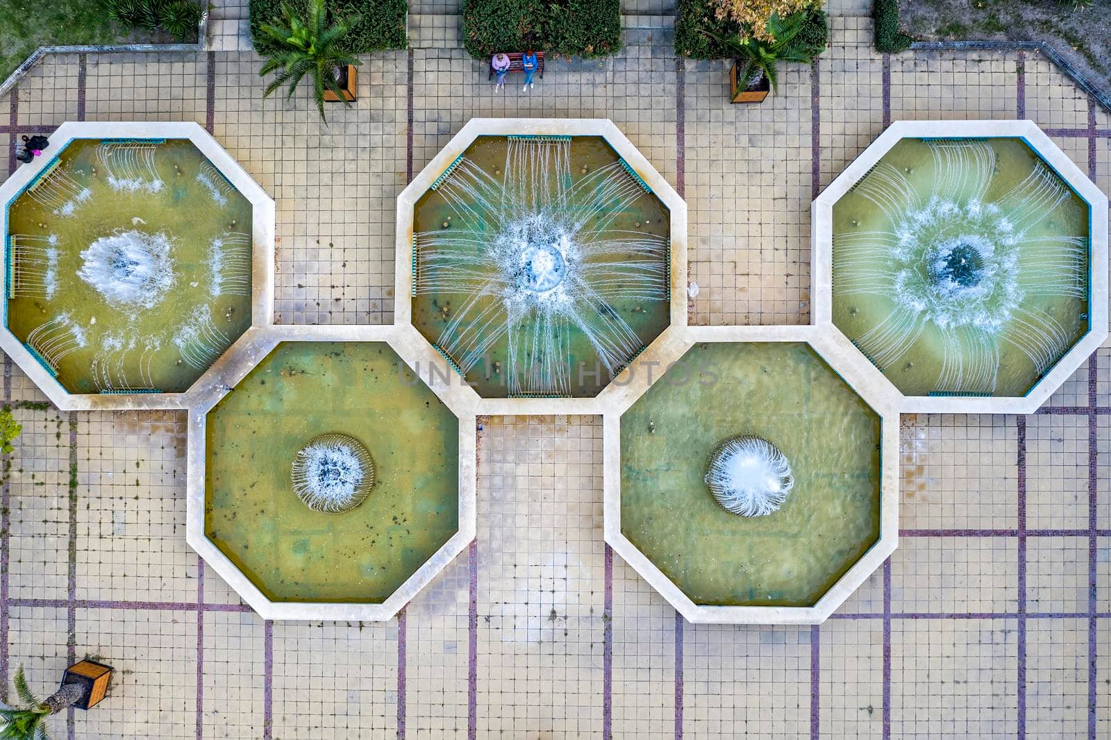aerial top view of the fountain in the city. Drone photography