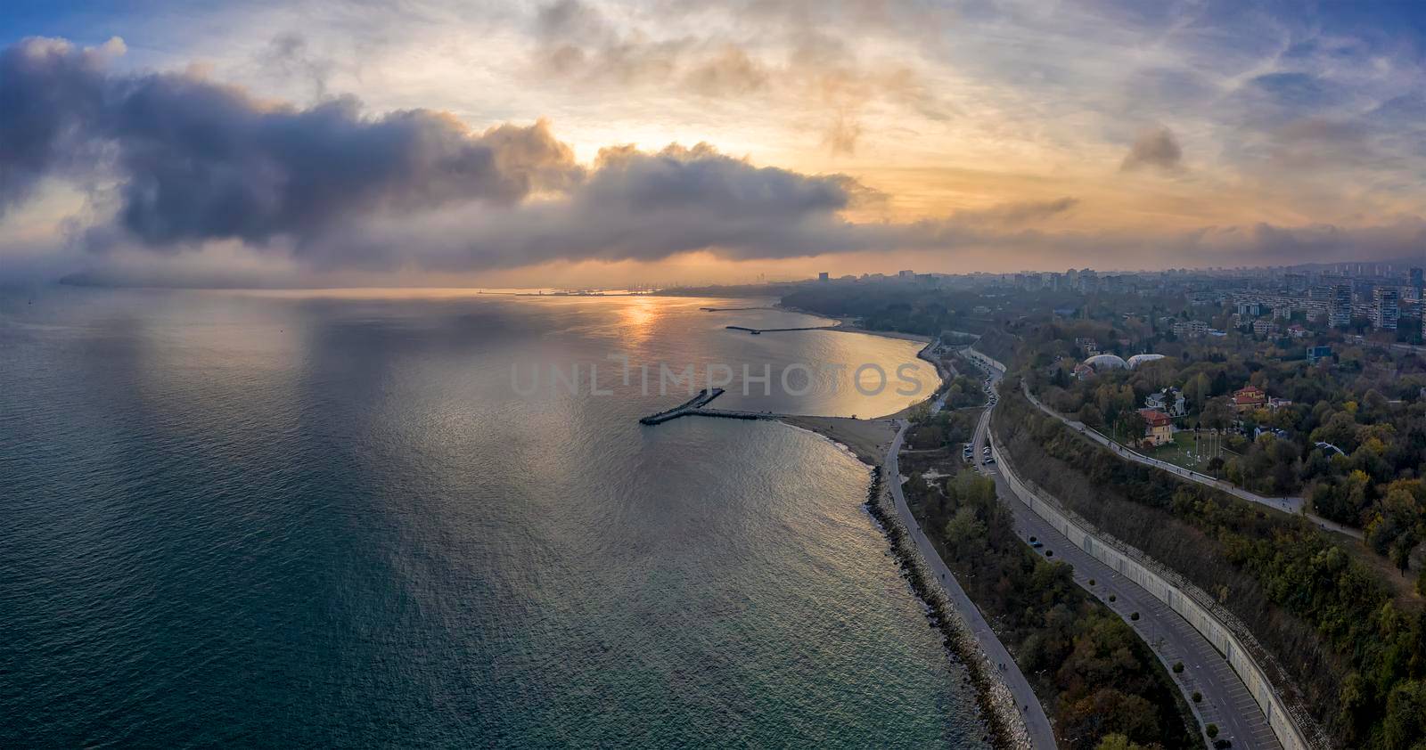 Stunning aerial view from drone of bay and coastline on the afternoon of Varna city, Bulgaria. High resolution