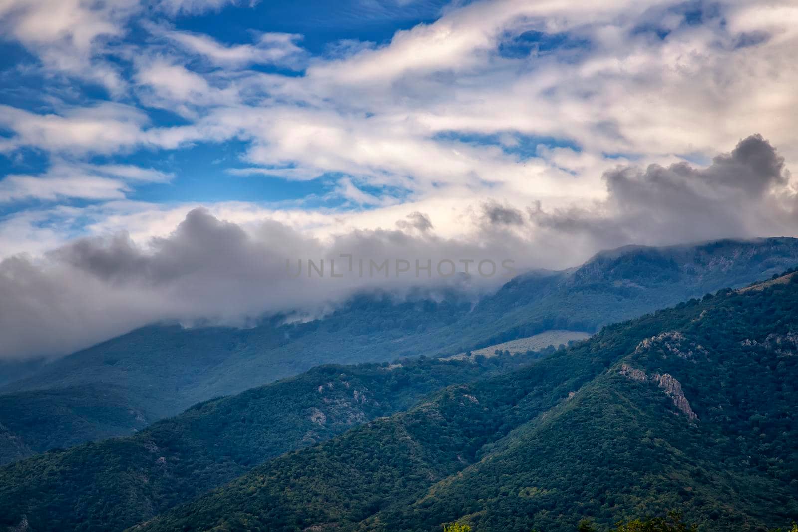 Beauty landscape of fog and clouds rolling over the forested mountain.