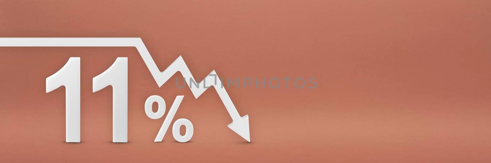 eleven percent, the arrow on the graph is pointing down. Stock market crash, bear market, inflation. Economic collapse, collapse of stocks. 3d banner, 11 percent discount sign on a red background. by SERSOL