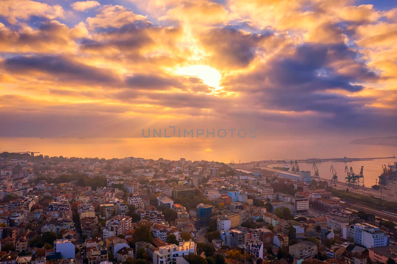 Amazing aerial view from the drone of the city and sea with beautiful clouds. Varna, Bulgaria