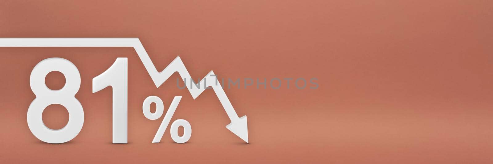 eighty-one percent, the arrow on the graph is pointing down. Stock market crash, bear market, inflation.Economic collapse, collapse of stocks.3d banner,81 percent discount sign on a red background