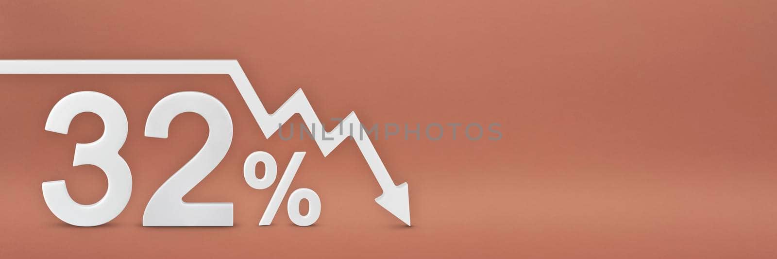 thirty-two percent, the arrow on the graph is pointing down. Stock market crash, bear market, inflation.Economic collapse, collapse of stocks.3d banner,32 percent discount sign on a red background. by SERSOL