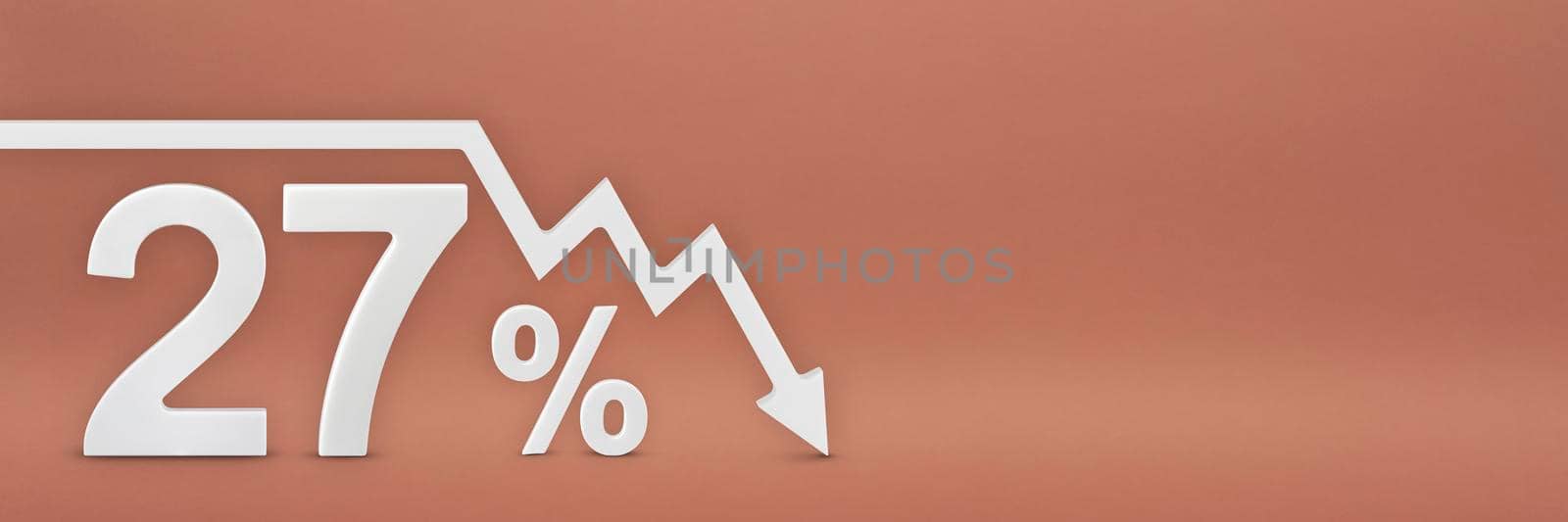 twenty-seven percent, the arrow on the graph is pointing down. Stock market crash, bear market, inflation.Economic collapse, collapse of stocks.3d banner, 27 percent discount sign on a red background. by SERSOL