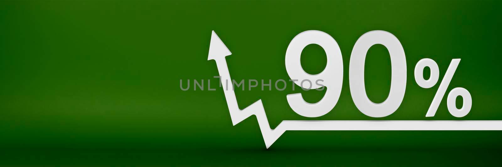 90 percent. The arrow on the graph points up. Rising prices, inflation, increase in income, increase in interest rates, taxes. 3d banner, ninety percent sign discount on a green background