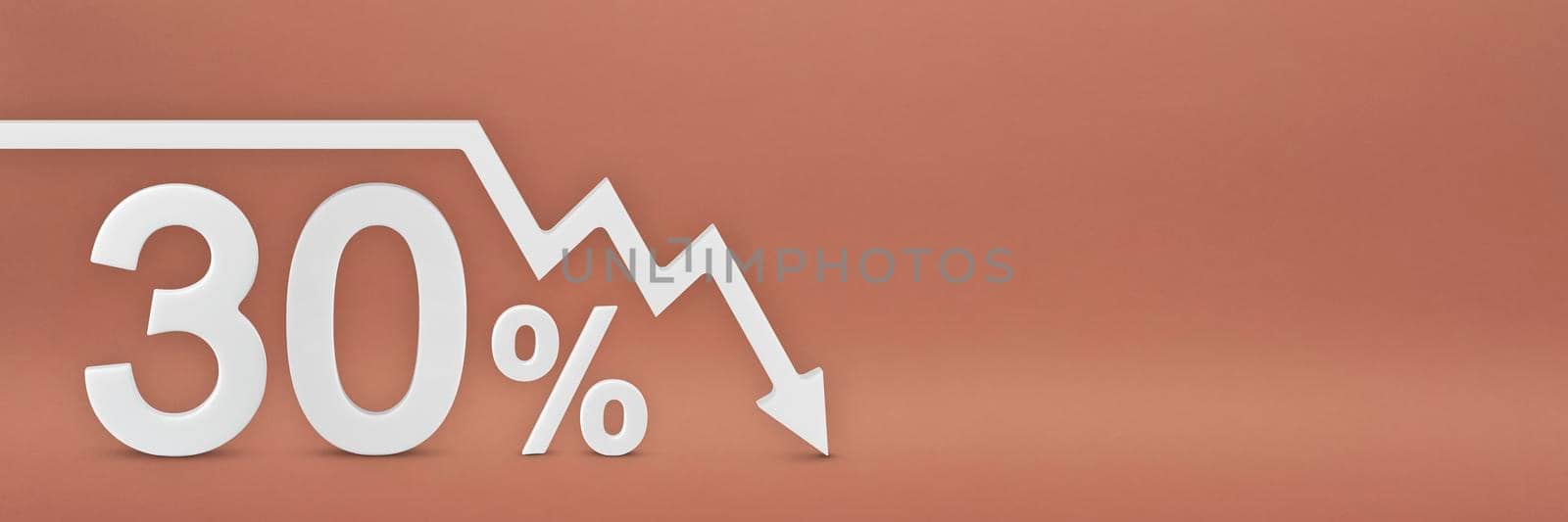 thirty percent, the arrow on the graph is pointing down. Stock market crash, bear market, inflation.Economic collapse, collapse of stocks.3d banner,30 percent discount sign on a red background. by SERSOL
