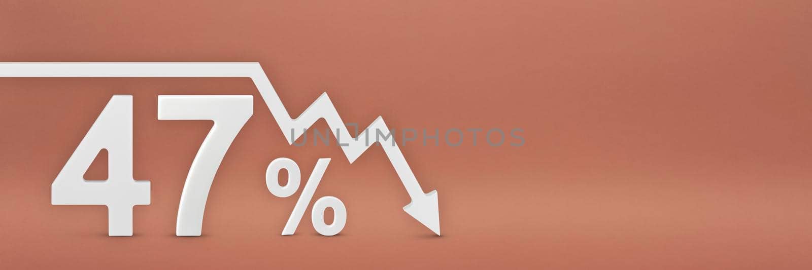 forty-seven percent, the arrow on the graph is pointing down. Stock market crash, bear market, inflation.Economic collapse, collapse of stocks.3d banner,47 percent discount sign on a red background