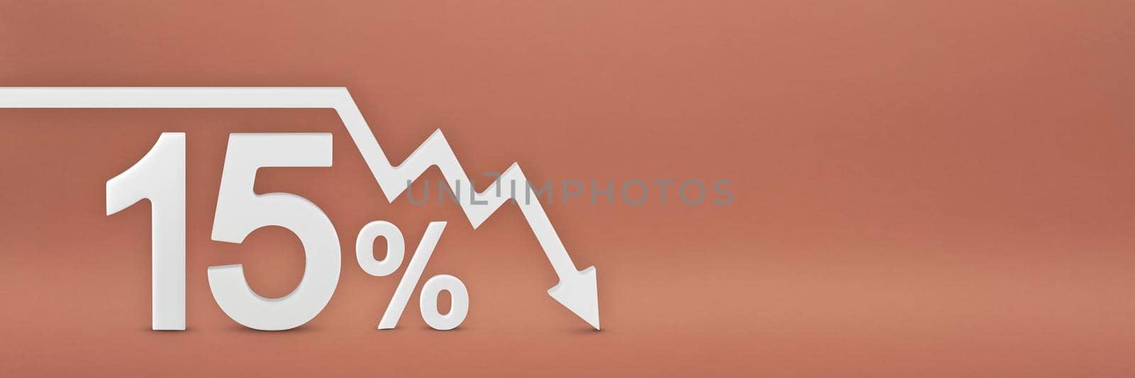 fifteen percent, the arrow on the graph is pointing down. Stock market crash, bear market, inflation. Economic collapse, collapse of stocks. 3d banner, 15 percent discount sign on a red background. by SERSOL