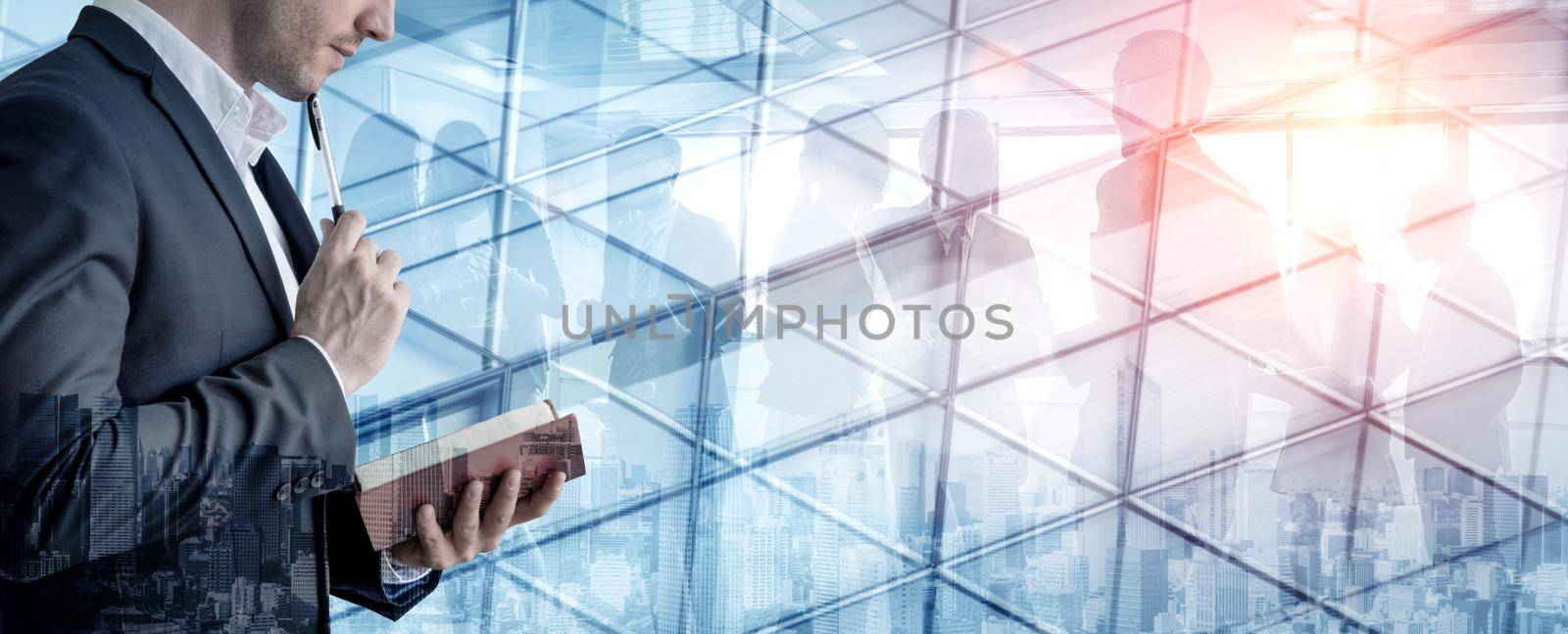 Double Exposure Image of Success Business People on abstract modern city background. Future business and communication technology concept. Surreal futuristic multiple exposure graphic interface.