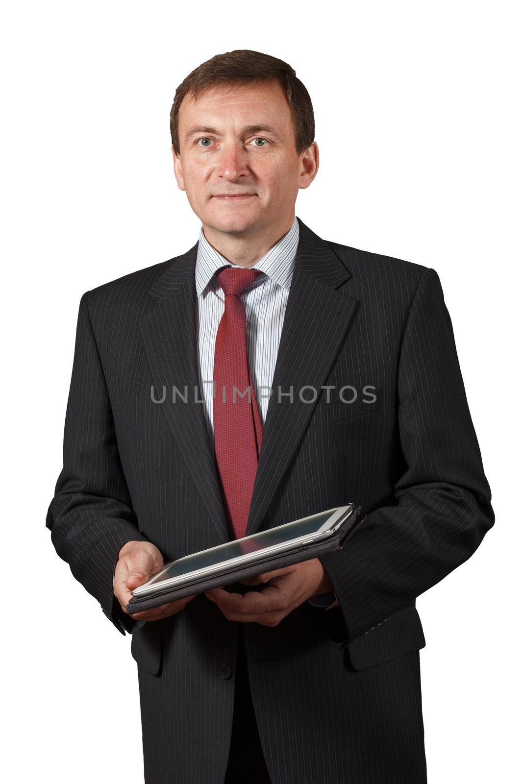 Confident and friendly elegant handsome mature businessman holding a notebook on white isolated background