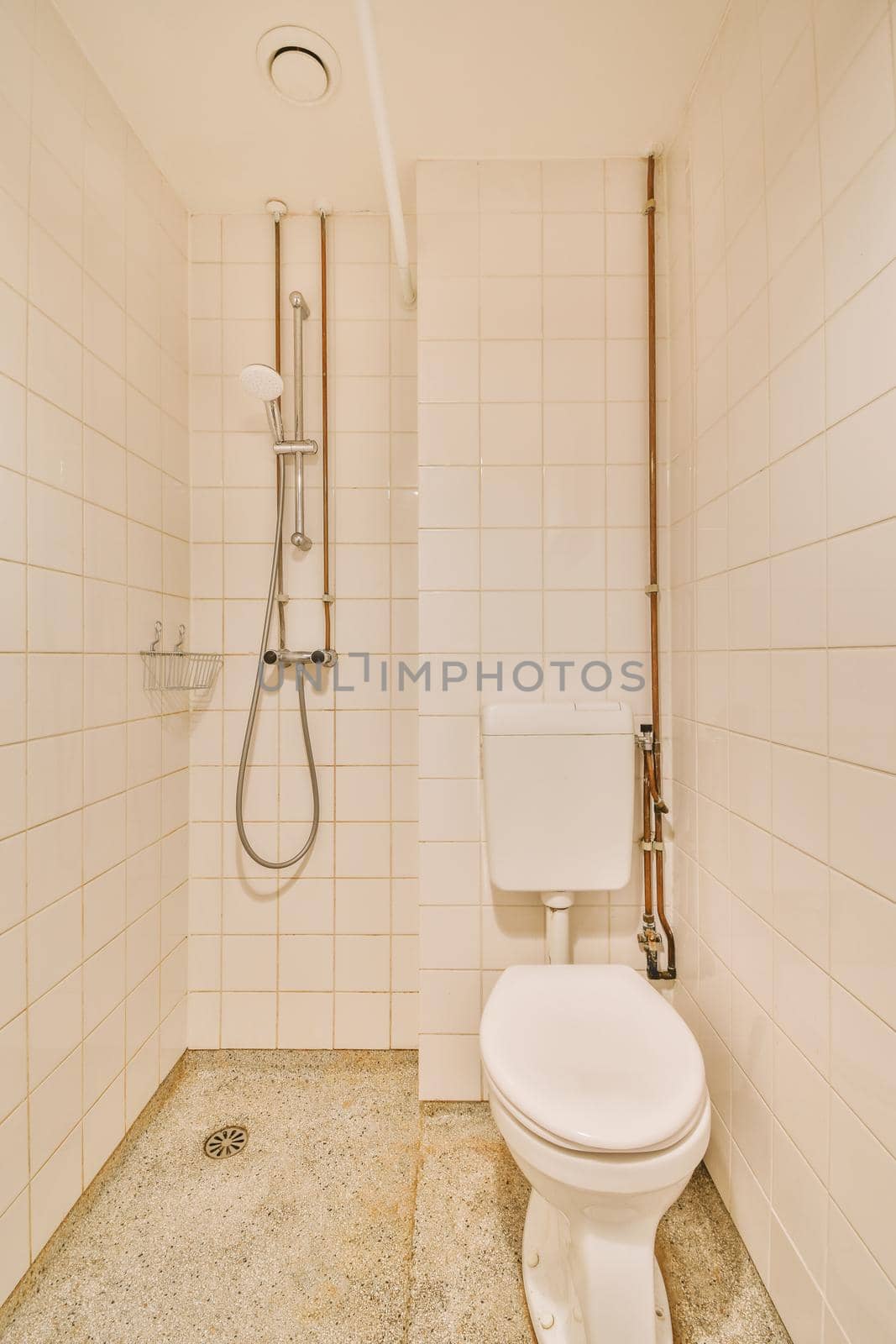 Glass partition between shower tap and wall hung toilet in modern restroom at home